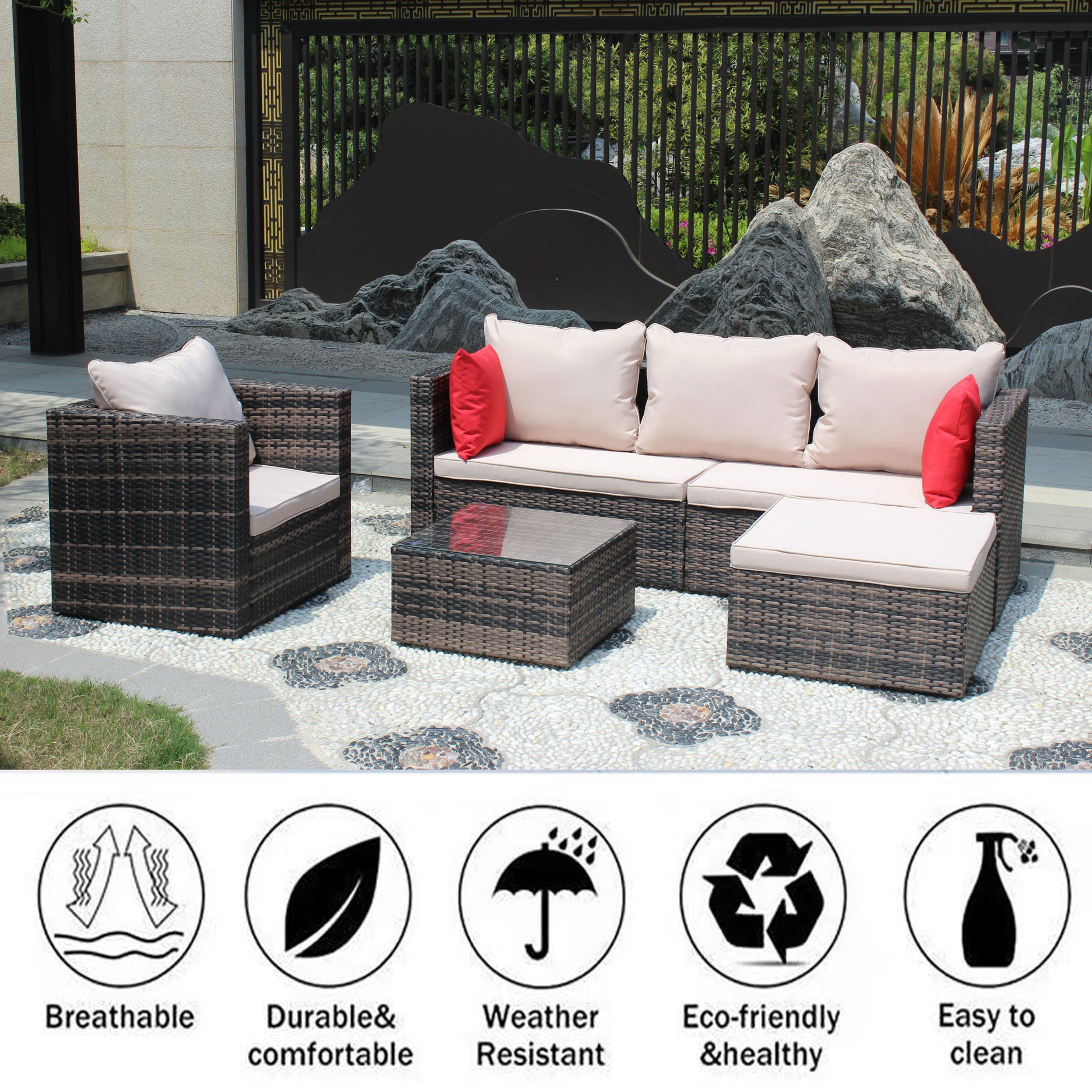 Rattan Patio Furniture Set Wicker Sofa Cushioned Sectional Furniture Set Garden Patio Sofa Set 4 Pieces, Brown Brown Rattan
