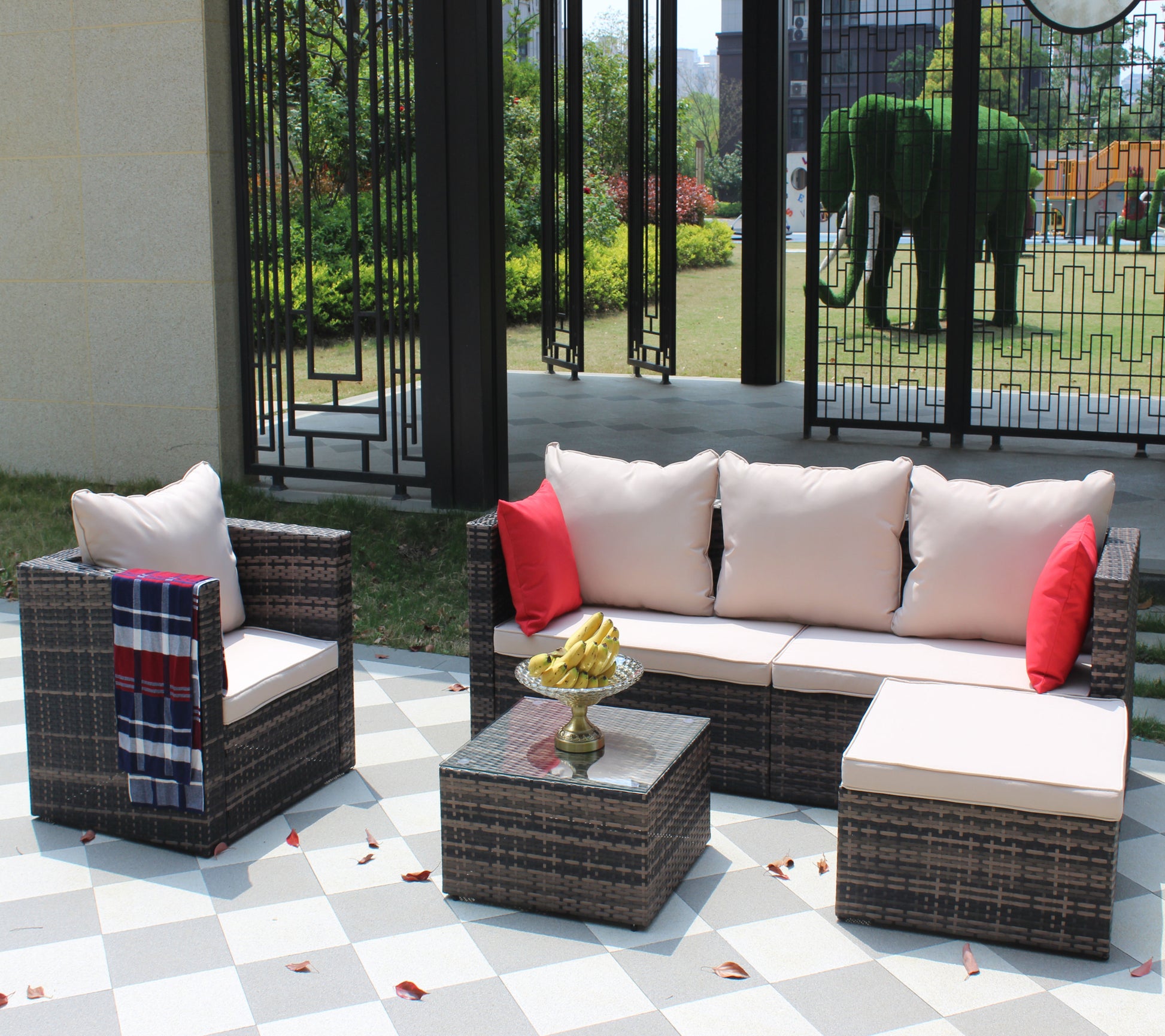 Rattan Patio Furniture Set Wicker Sofa Cushioned Sectional Furniture Set Garden Patio Sofa Set 4 Pieces, Brown Brown Rattan
