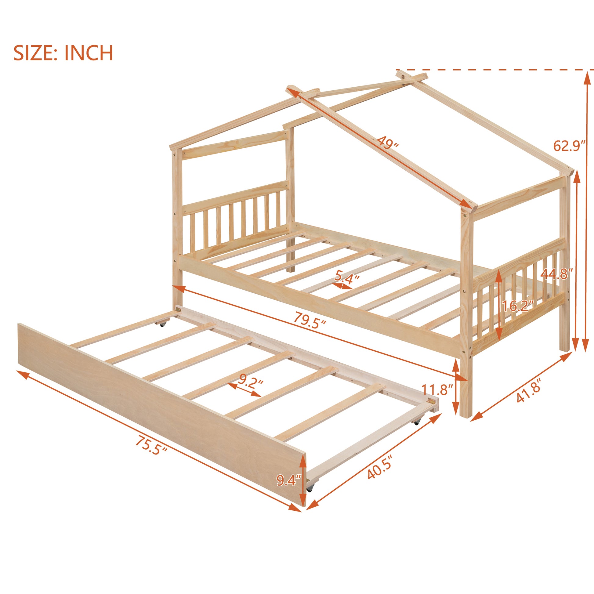 Twin Size Wooden House Bed With Twin Size Trundle, Natural Natural Solid Wood