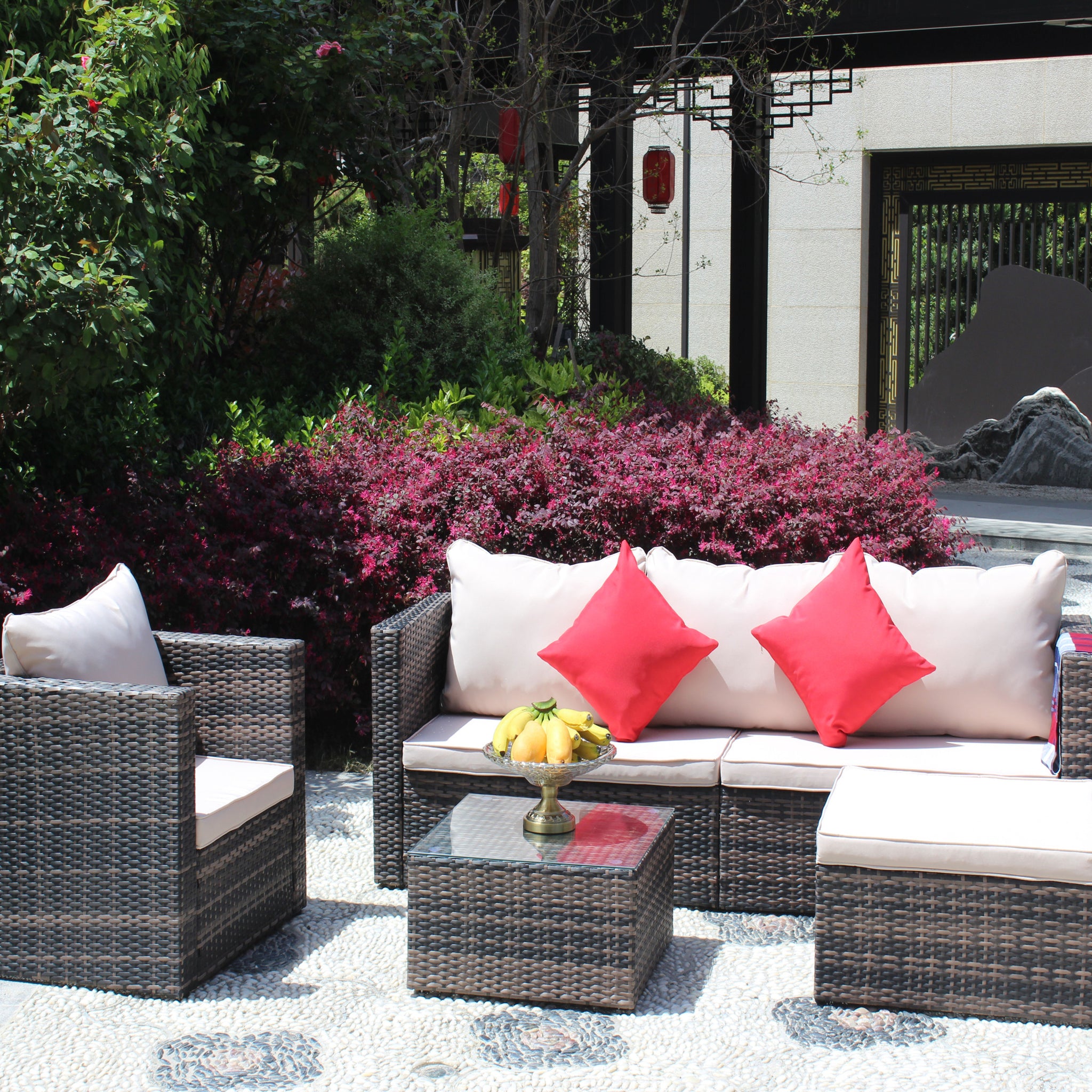 Rattan Patio Furniture Set Wicker Sofa Cushioned Sectional Furniture Set Garden Patio Sofa Set 4 Pieces, Brown Brown Rattan