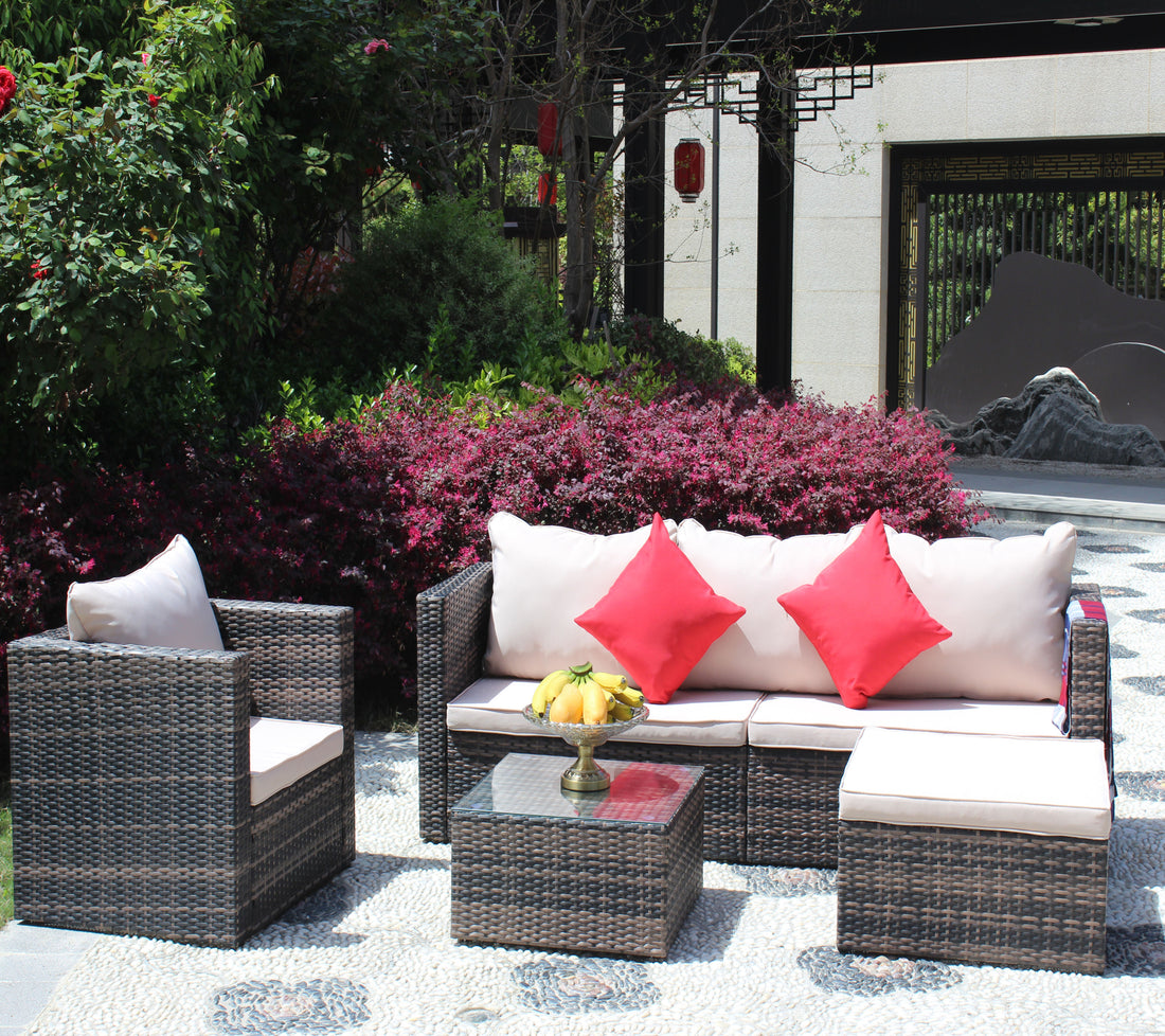 Rattan Patio Furniture Set Wicker Sofa Cushioned Sectional Furniture Set Garden Patio Sofa Set 4 Pieces, Brown Brown Rattan