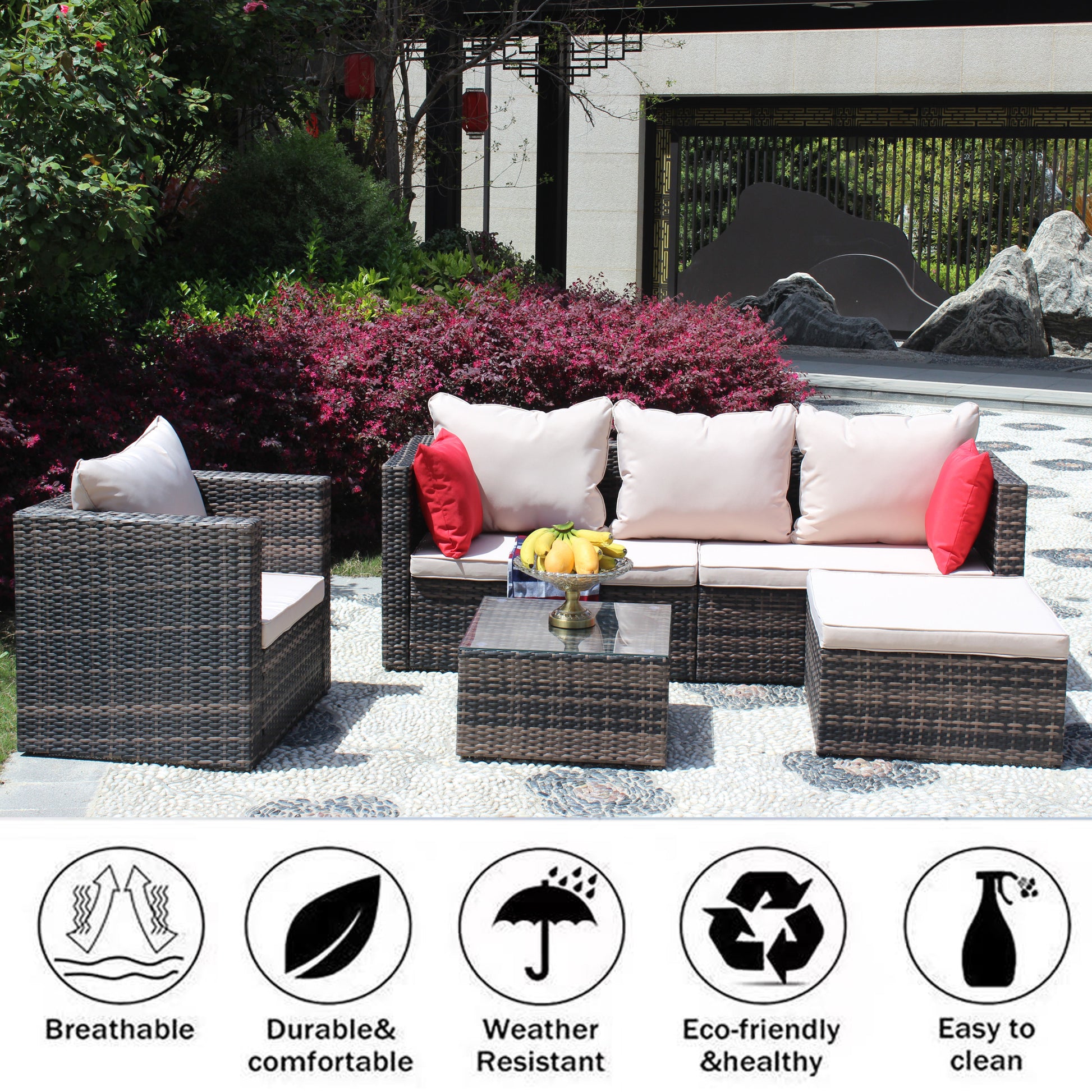Rattan Patio Furniture Set Wicker Sofa Cushioned Sectional Furniture Set Garden Patio Sofa Set 4 Pieces, Brown Brown Rattan