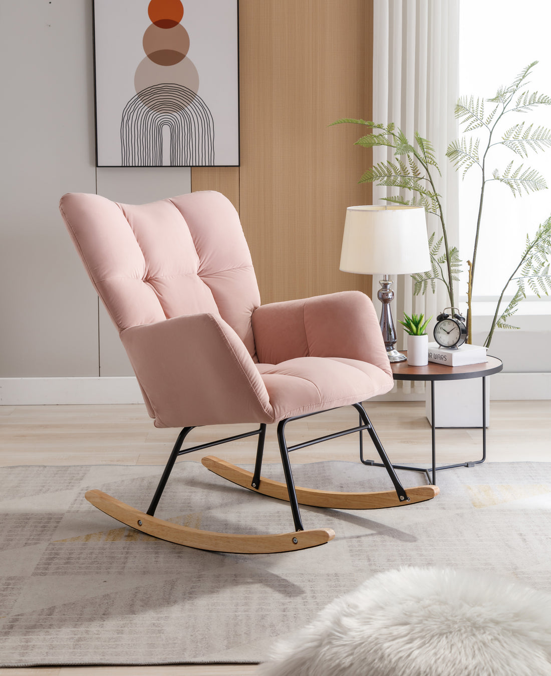 Mid Century Modern Velvet Tufted Upholstered Rocking Chair Padded Seat For Living Room Bedroom, Pink Pink Foam Velvet