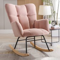 Mid Century Modern Velvet Tufted Upholstered Rocking Chair Padded Seat For Living Room Bedroom, Pink Pink Foam Velvet