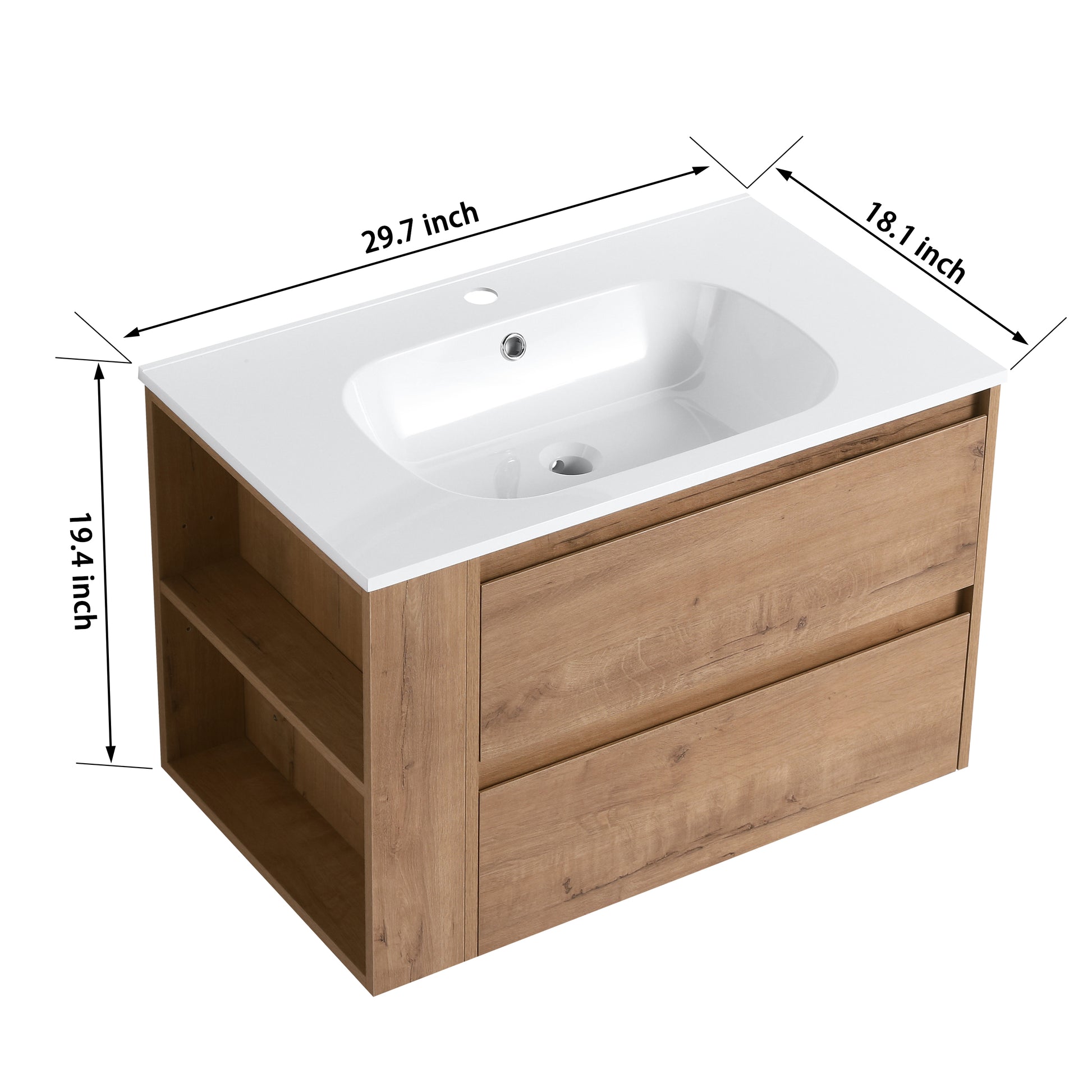 30" Wall Mounting Bathroom Vanity With Gel Sink, Soft Close Drawer 2 Imitative Oak 1 Bathroom Wall Mounted Modern Plywood