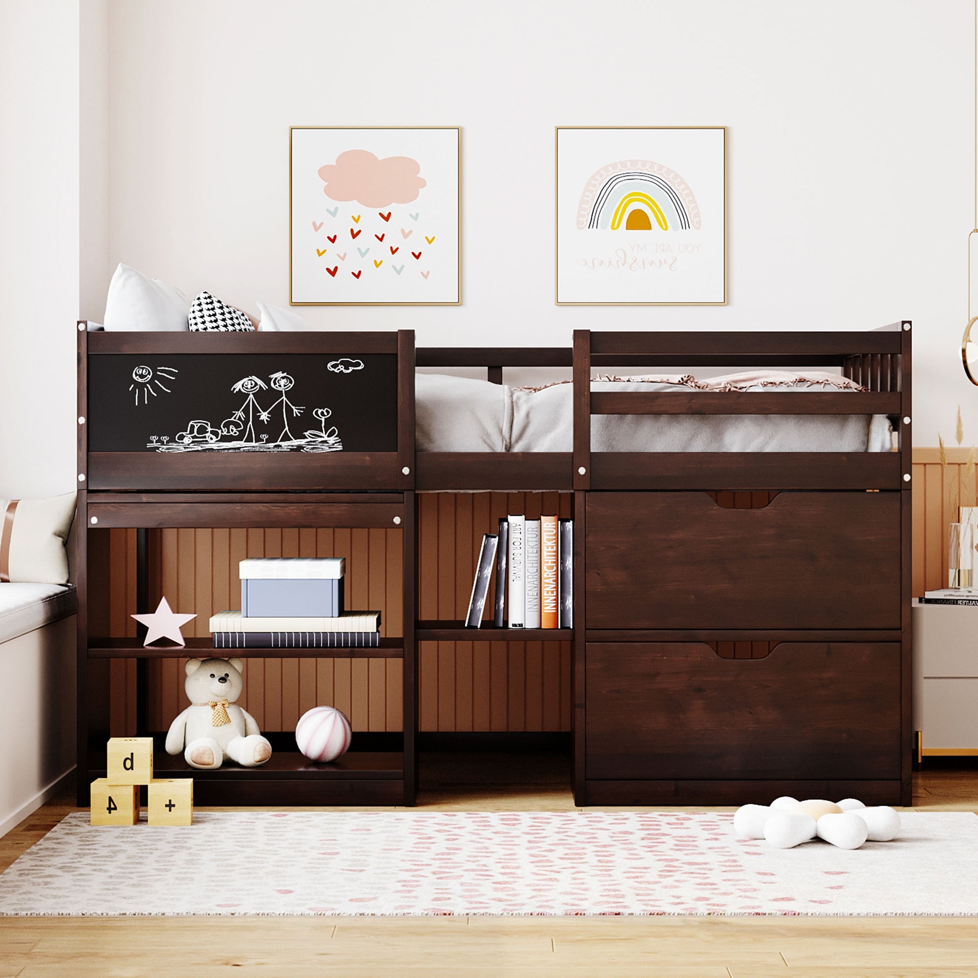 Twin Size Low Loft Bed With Rolling Desk, Shelf And Drawers Espresso Espresso Solid Wood