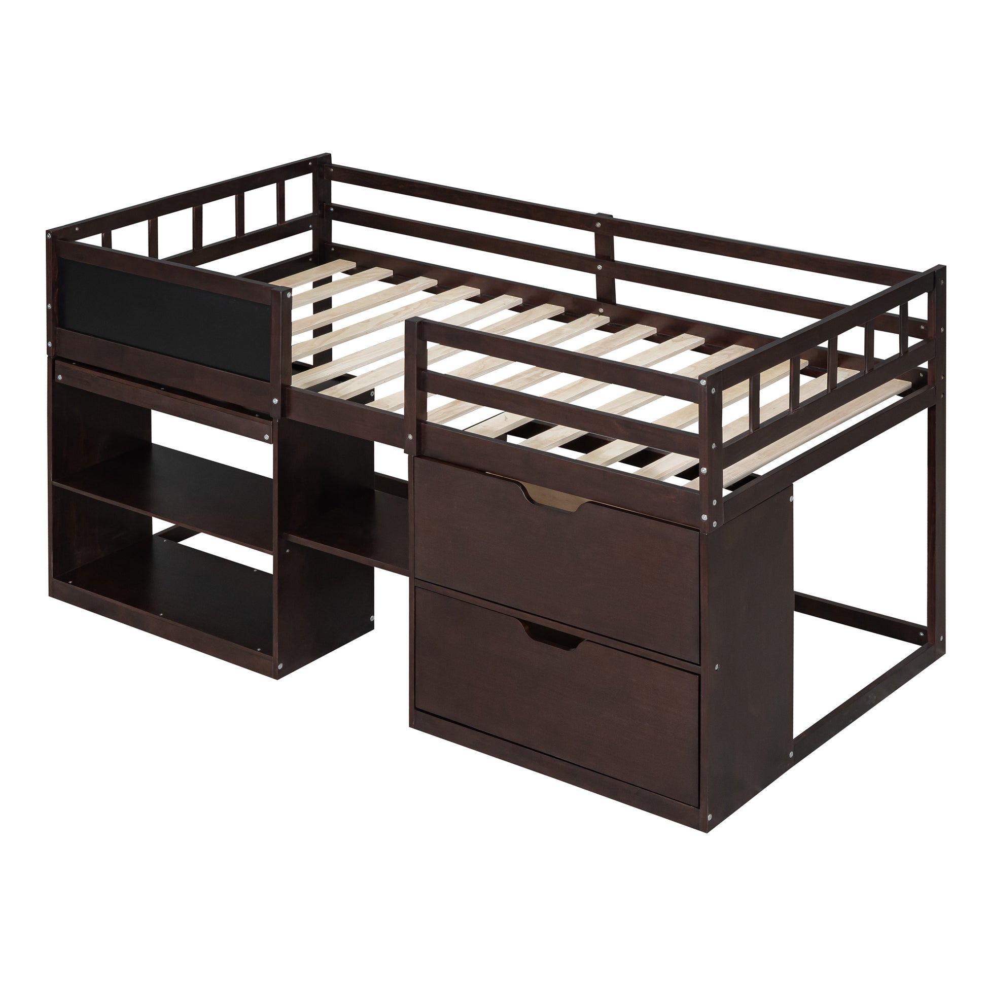 Twin Size Low Loft Bed With Rolling Desk, Shelf And Drawers Espresso Espresso Solid Wood