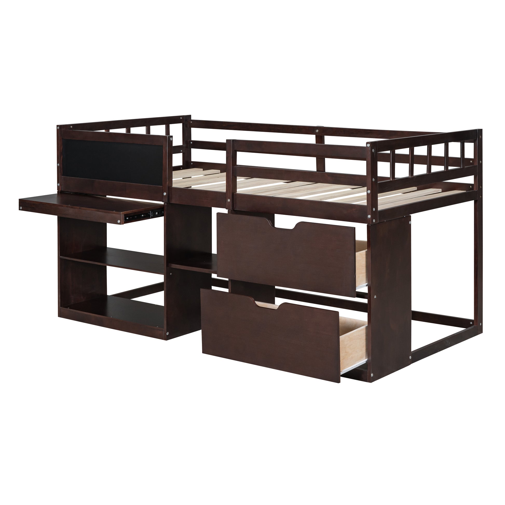 Twin Size Low Loft Bed With Rolling Desk, Shelf And Drawers Espresso Espresso Solid Wood