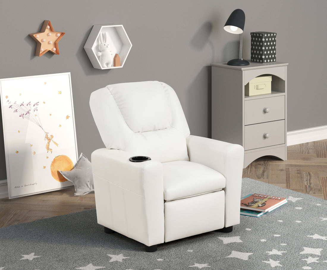 Marisa 22" White Pu Leather Kids Recliner Chair With Cupholder White Pu Leather