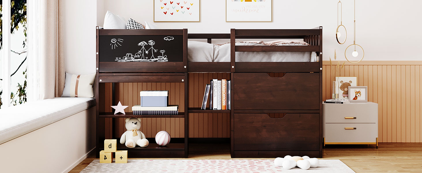 Twin Size Low Loft Bed With Rolling Desk, Shelf And Drawers Espresso Espresso Solid Wood