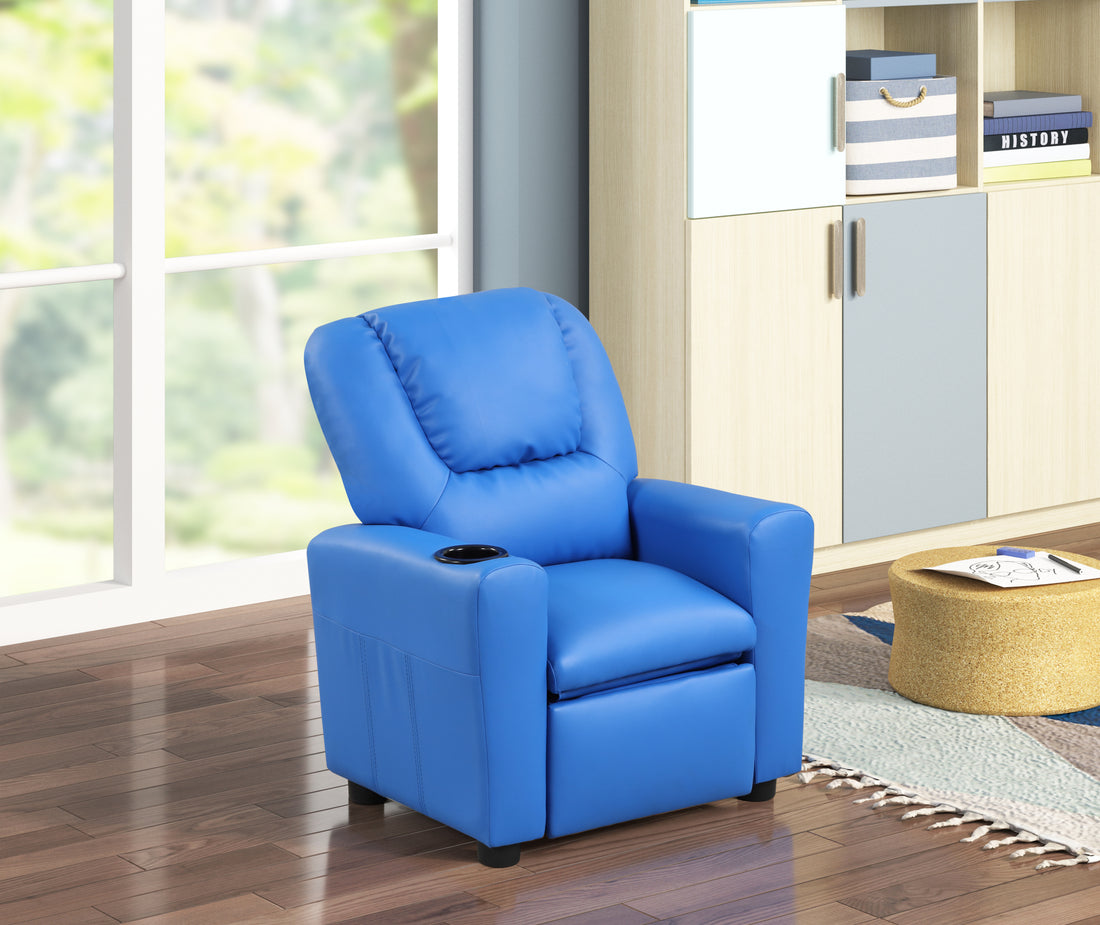 Marisa 22" Blue Pu Leather Kids Recliner Chair With Cupholder Blue Pu Leather