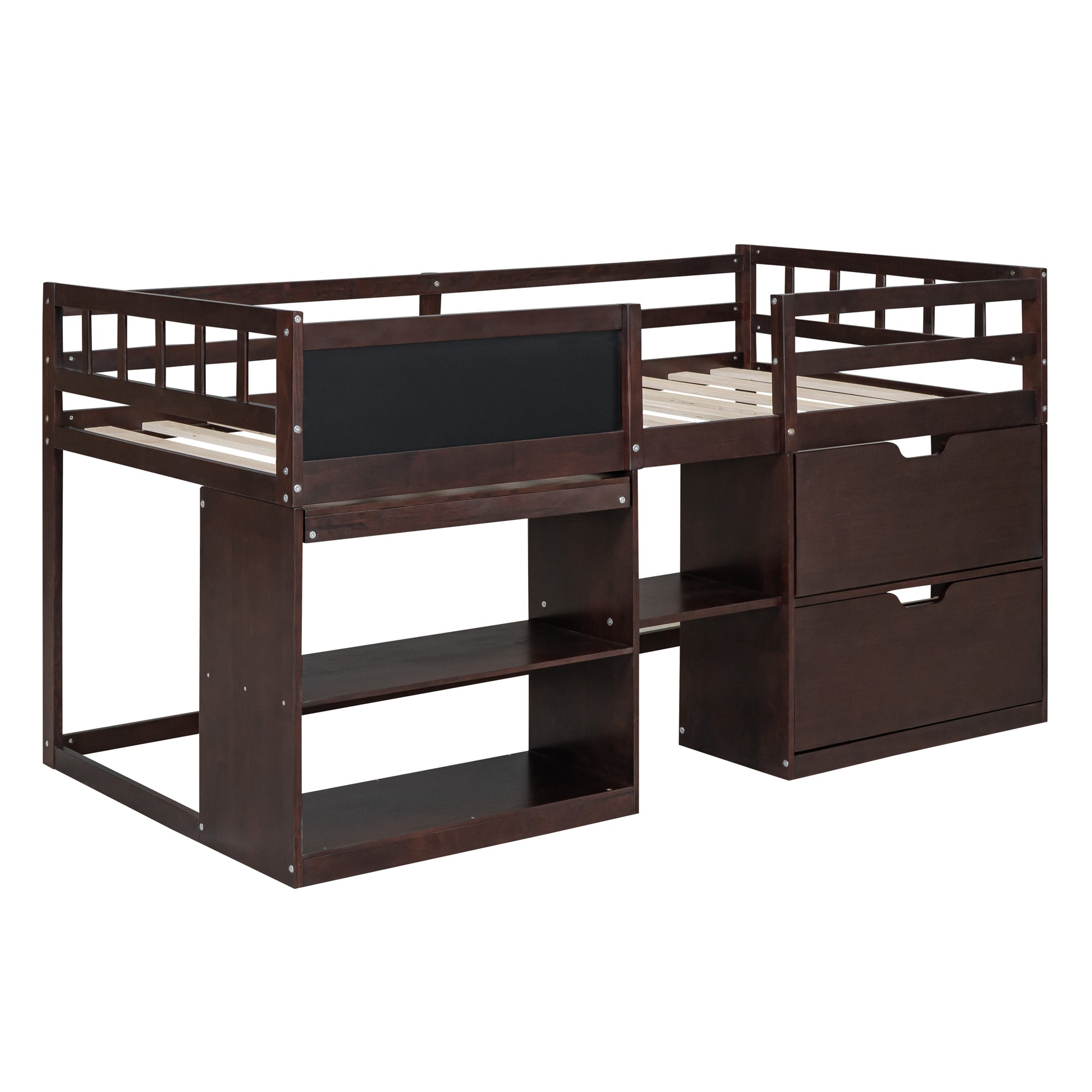 Twin Size Low Loft Bed With Rolling Desk, Shelf And Drawers Espresso Espresso Solid Wood