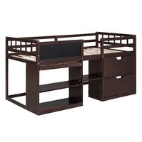 Twin Size Low Loft Bed With Rolling Desk, Shelf And Drawers Espresso Espresso Solid Wood