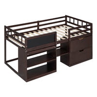 Twin Size Low Loft Bed With Rolling Desk, Shelf And Drawers Espresso Espresso Solid Wood