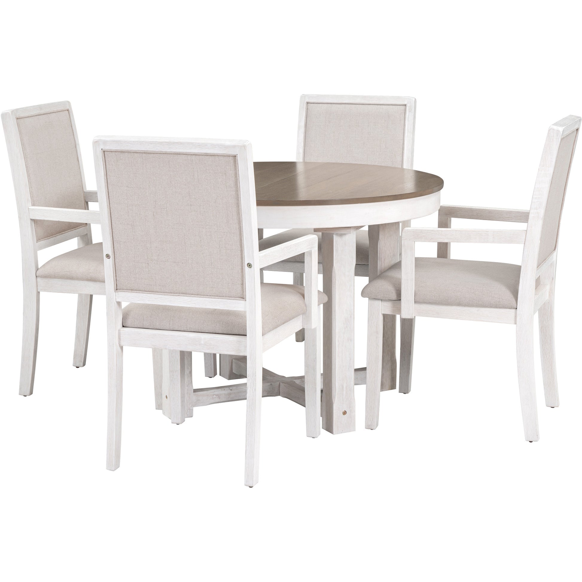 5 Piece Dining Table Set, Two Size Round To Oval Extendable Butterfly Leaf Wood Dining Table And 4 Upholstered Dining Chairs With Armrests Brown White Brown White Solid Wood Mdf