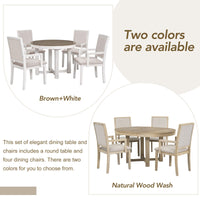 5 Piece Dining Table Set, Two Size Round To Oval Extendable Butterfly Leaf Wood Dining Table And 4 Upholstered Dining Chairs With Armrests Brown White Brown White Solid Wood Mdf