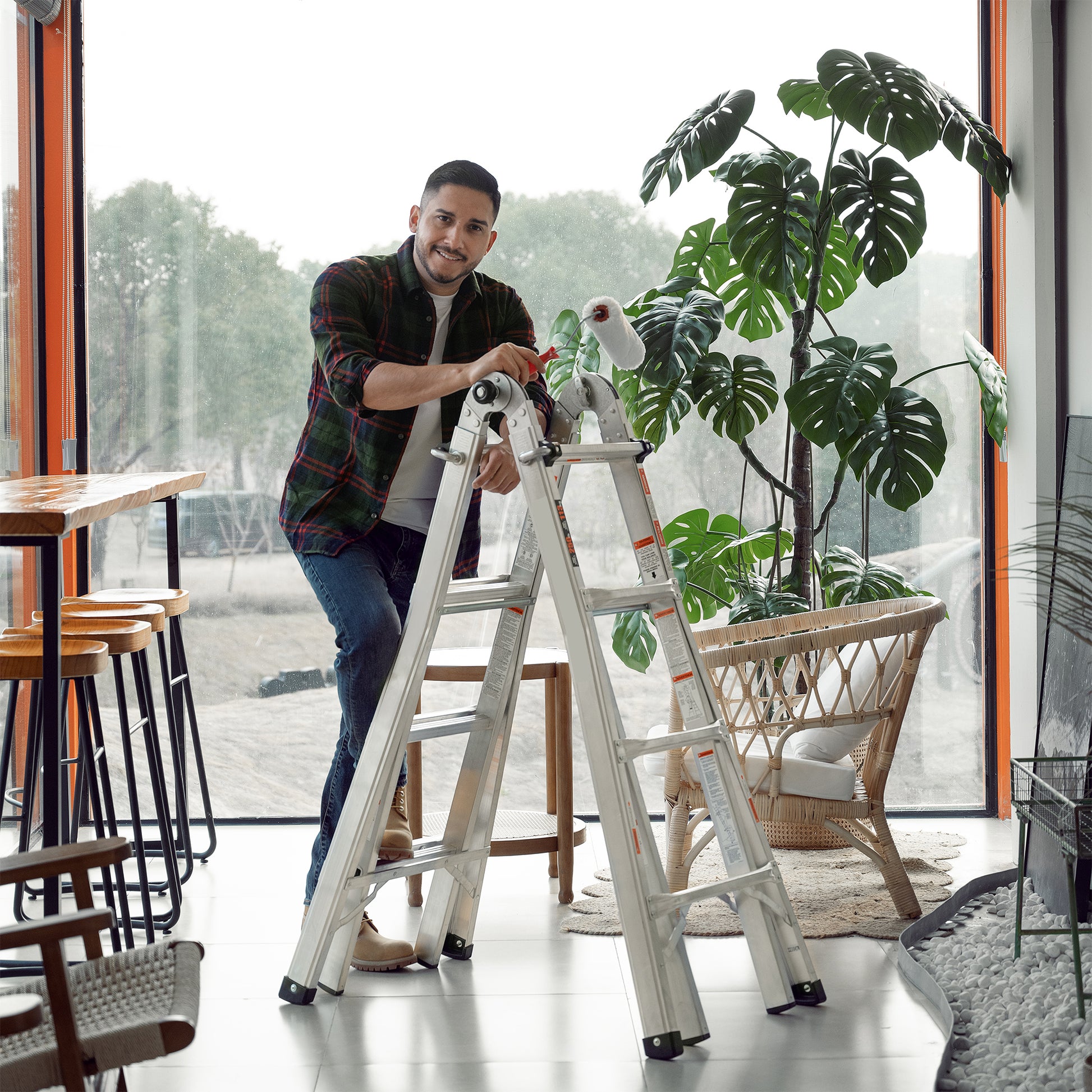 Multi Position Foldable Engineering Multifunctional Aluminum Alloy Ladder A Type Ladder Straight Ladder 17Ft For Home Silver Pc Aluminium