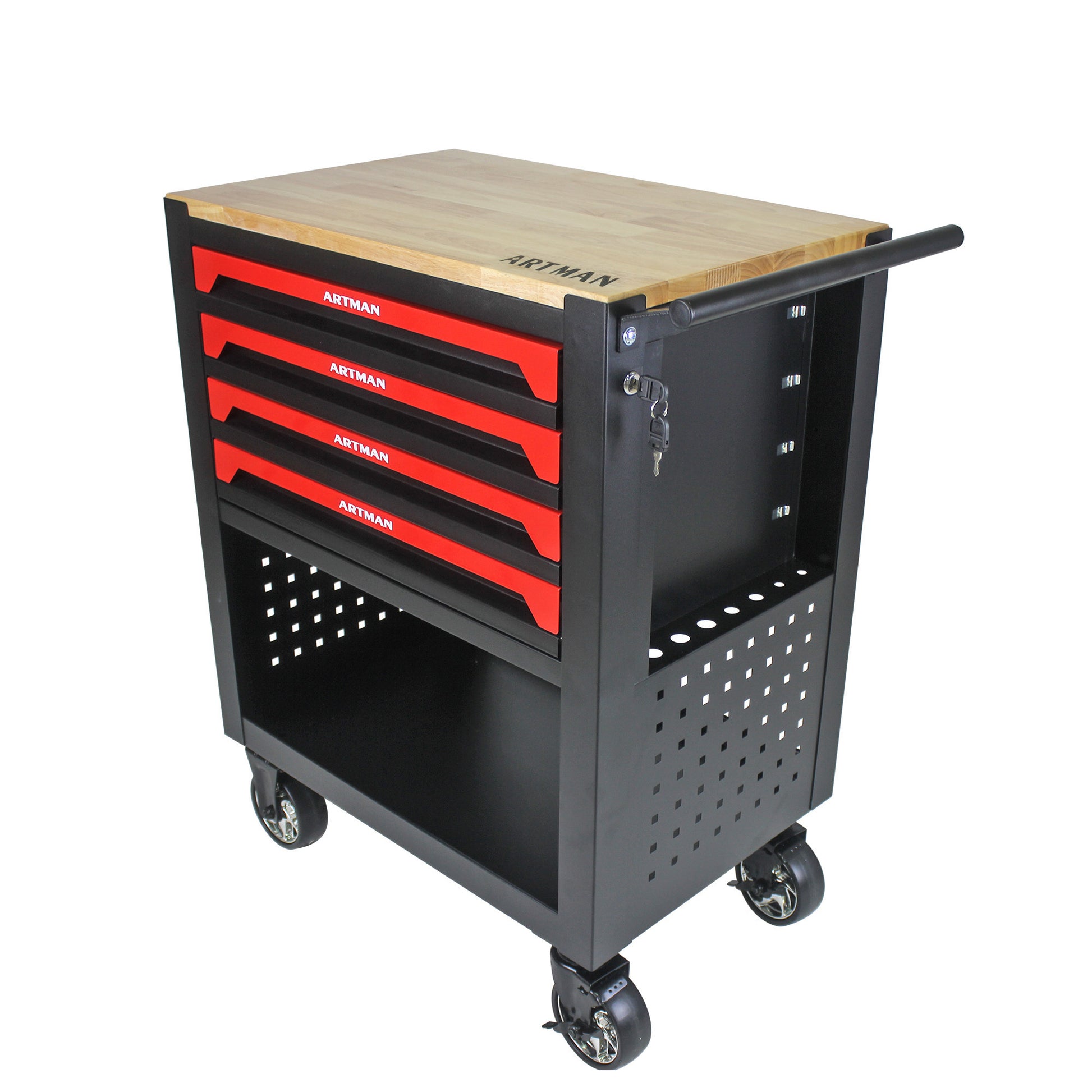 4 Drawers Multifunctional Tool Cart With Tool Set And Wooden Top Black Metal