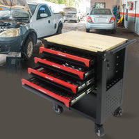 4 Drawers Multifunctional Tool Cart With Tool Set And Wooden Top Black Metal