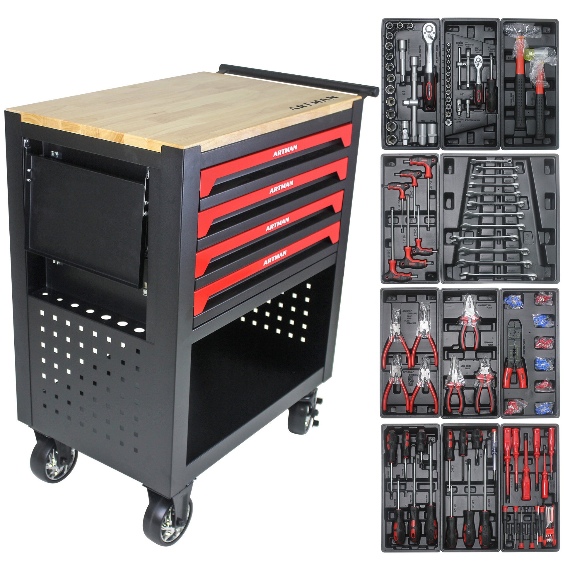 4 Drawers Multifunctional Tool Cart With Tool Set And Wooden Top Black Metal