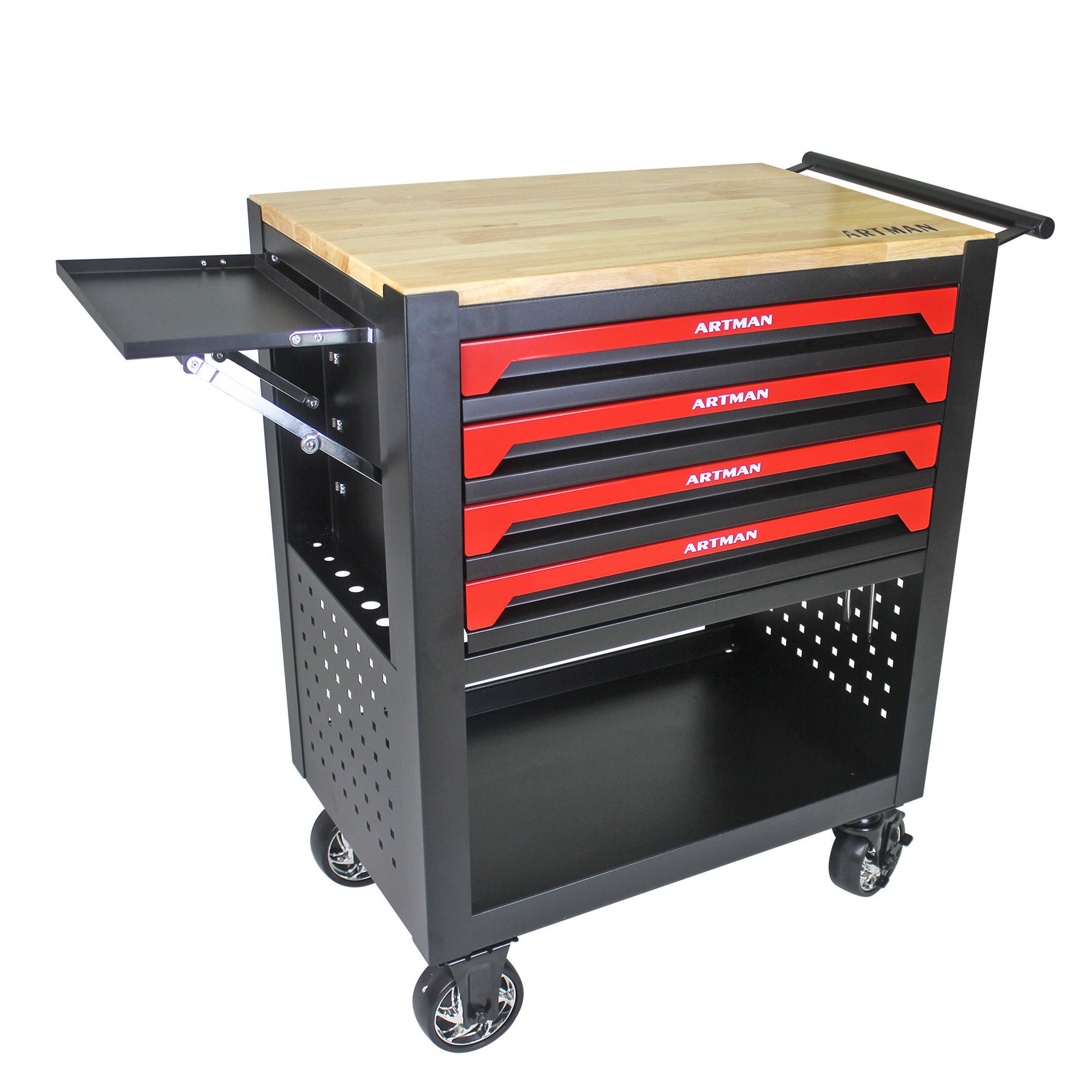 4 Drawers Multifunctional Tool Cart With Tool Set And Wooden Top Black Metal