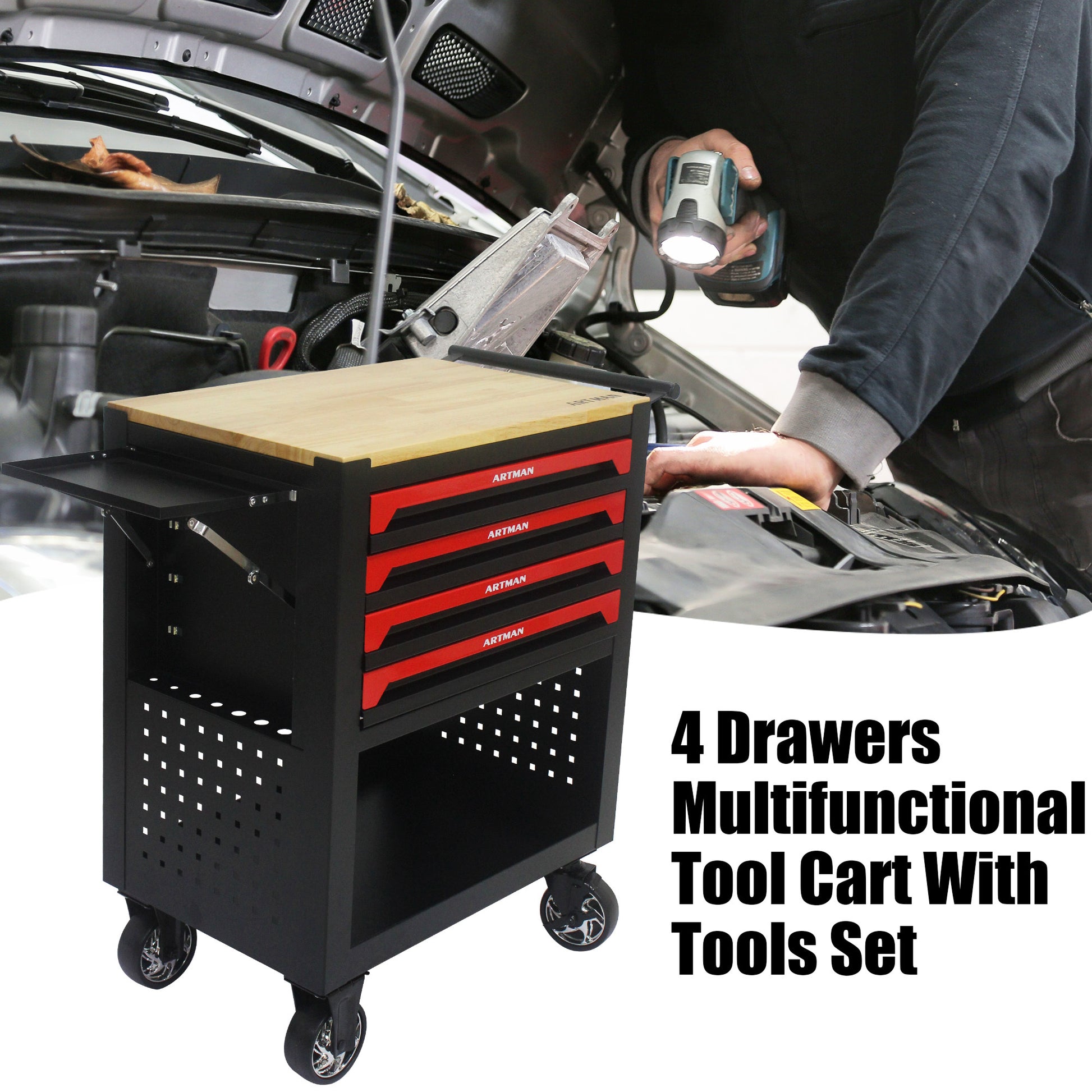 4 Drawers Multifunctional Tool Cart With Tool Set And Wooden Top Black Metal