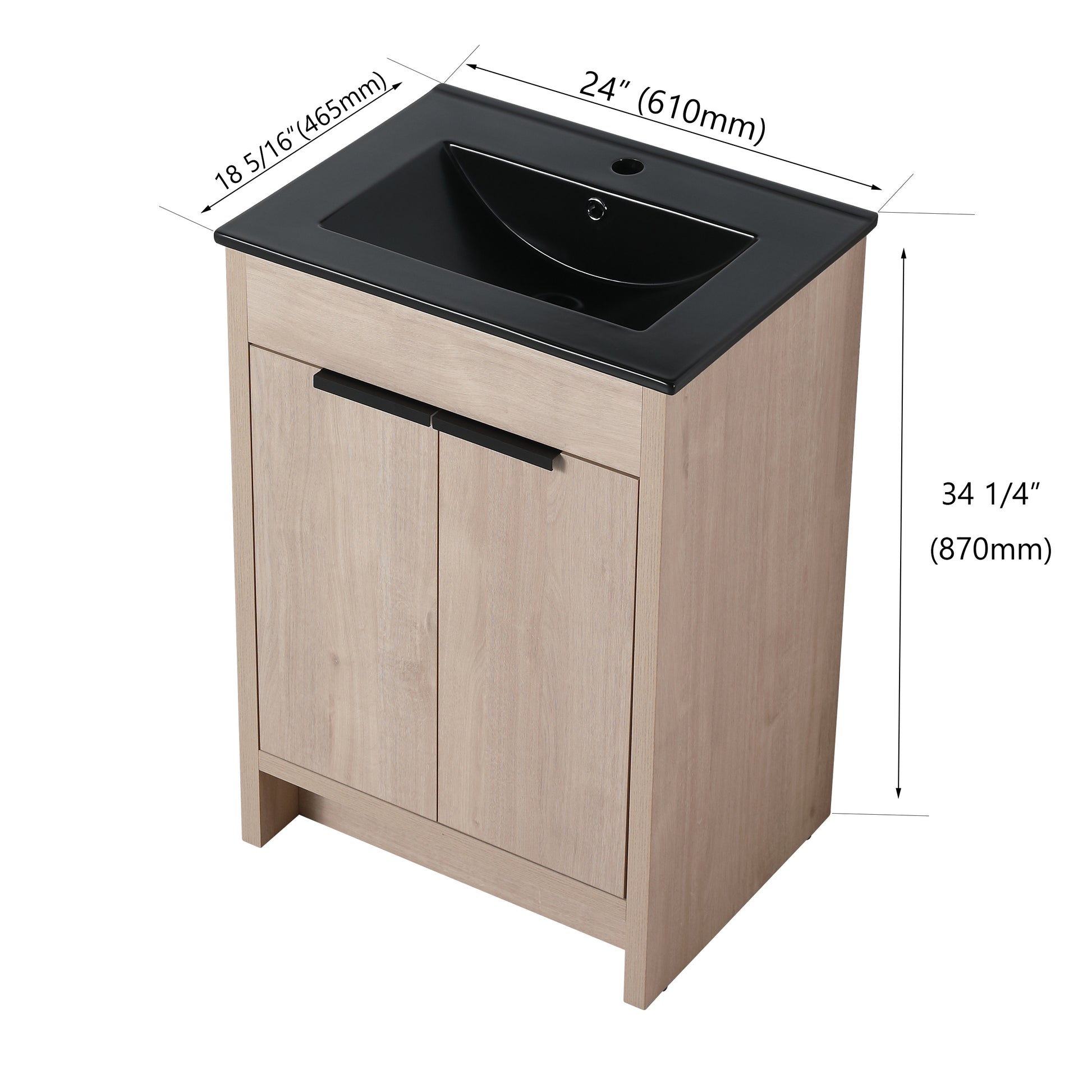 24 Inch Freestanding Bathroom Vanity With Black Ceramic Sink & 2 Soft Close Cabinet Doors Bvb02424Plo G Bl9060Bk ,W1286S00016 Plain Light Oak 2 Bathroom Freestanding Modern Plywood