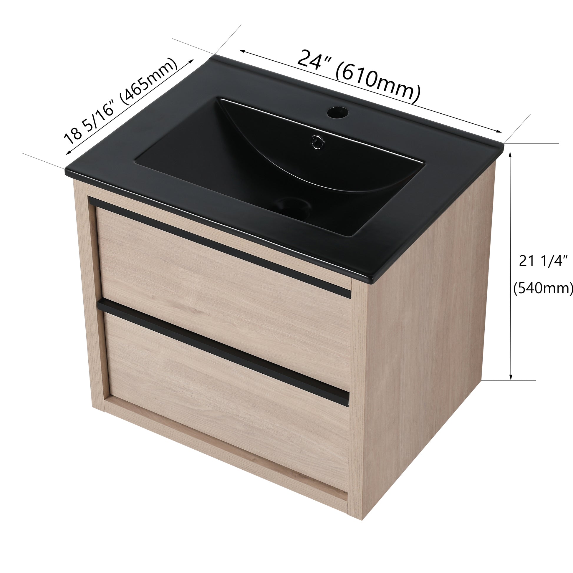 24" Bathroom Vanity, With Black Ceramic Sink And 2 Soft Close Drawers Bva02524Plo G Bl9060Bk W1286S00035 2 Plain Light Oak Bathroom Wall Mounted Modern Plywood