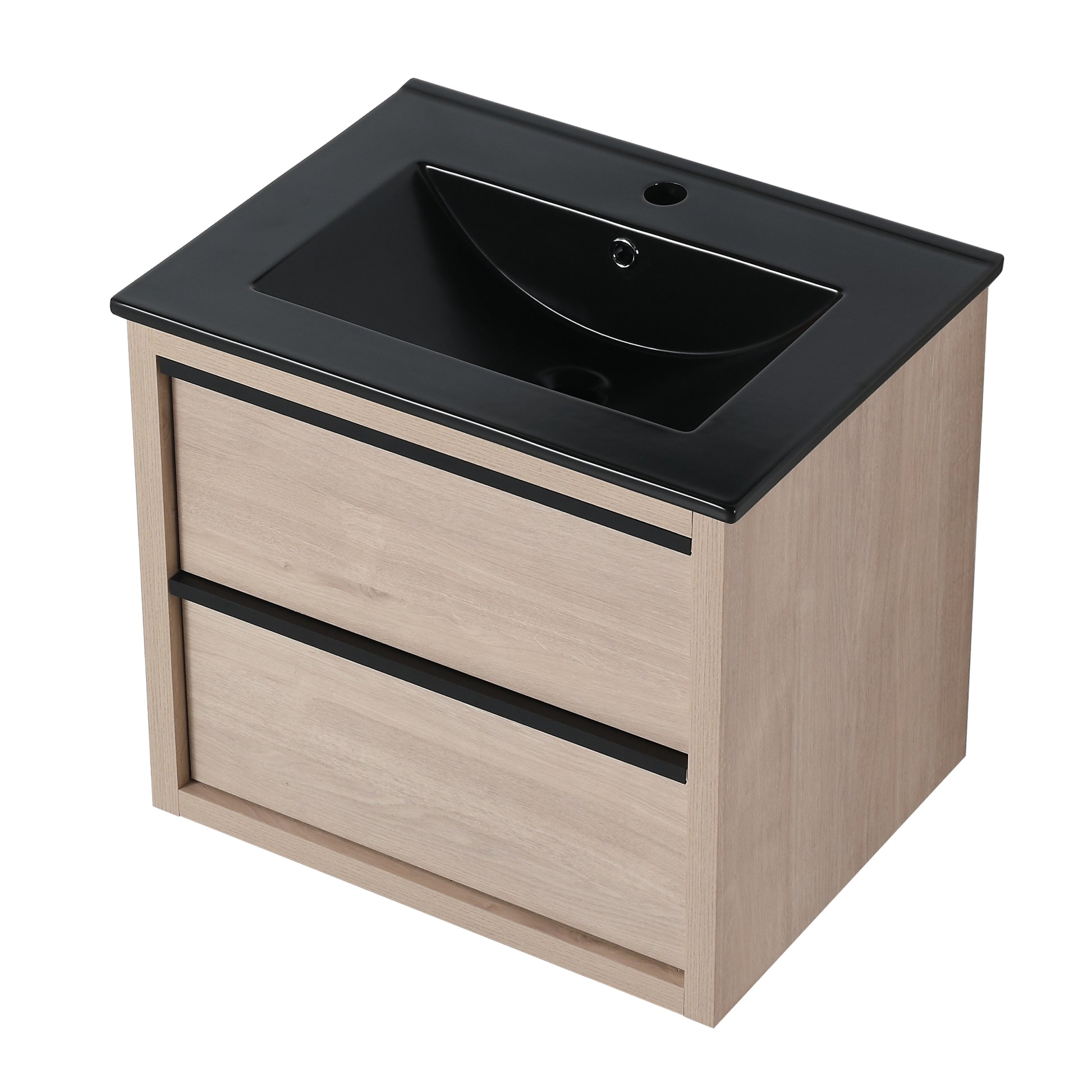 24" Bathroom Vanity, With Black Ceramic Sink And 2 Soft Close Drawers Bva02524Plo G Bl9060Bk W1286S00035 2 Plain Light Oak Bathroom Wall Mounted Modern Plywood