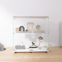 Two Door Glass Display Cabinet 2 Shelves With Door, Floor Standing Curio Bookshelf For Living Room Bedroom Office, 33.35"*31.69"*14.37",White White Glass