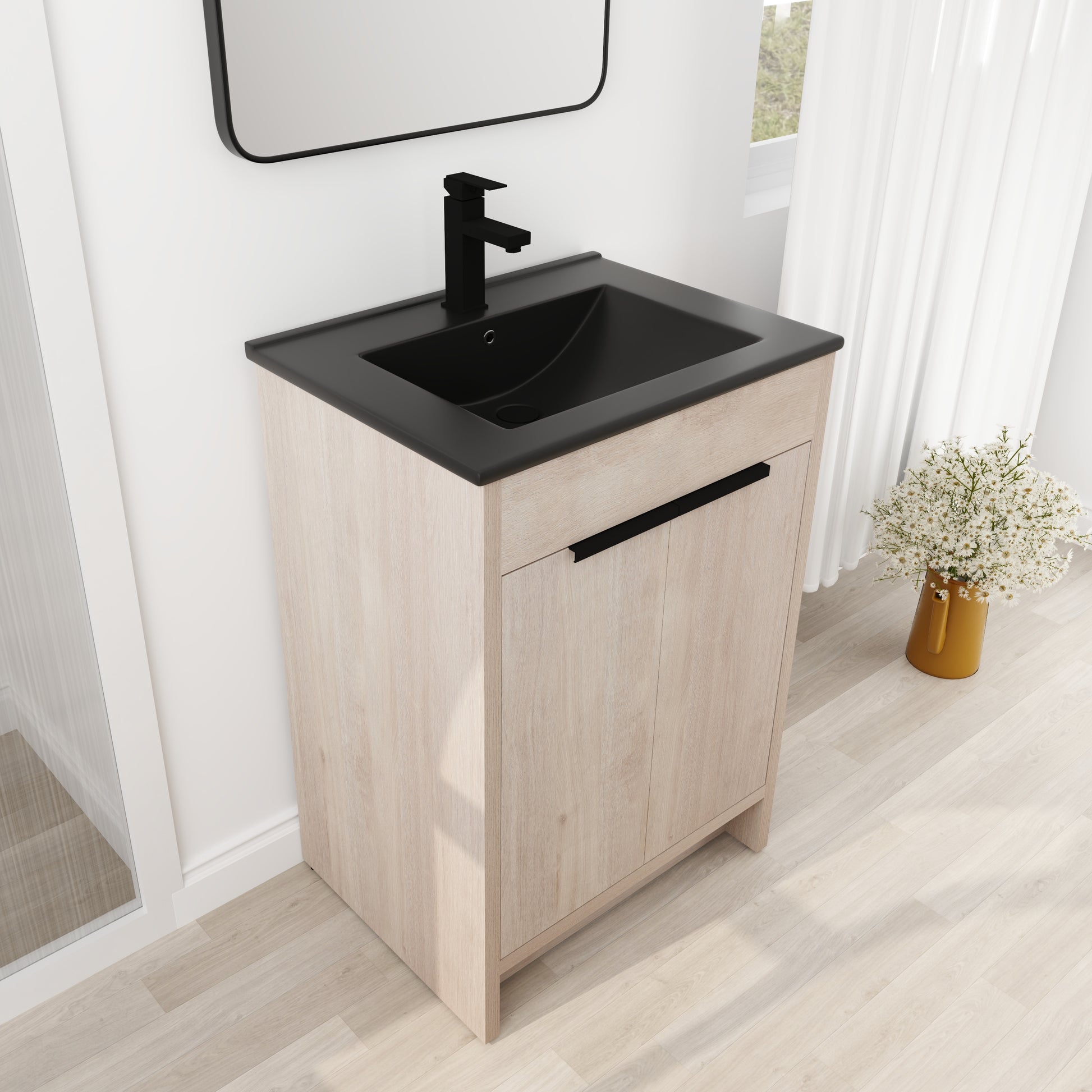 24 Inch Freestanding Bathroom Vanity With Black Ceramic Sink & 2 Soft Close Cabinet Doors Bvb02424Plo G Bl9060Bk ,W1286S00016 Plain Light Oak 2 Bathroom Freestanding Modern Plywood