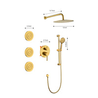 Shower System With Shower Head, Hand Shower, Slide Bar, Bodysprays, Shower Arm, Hose, Valve Trim, And Lever Handles Gold Brass