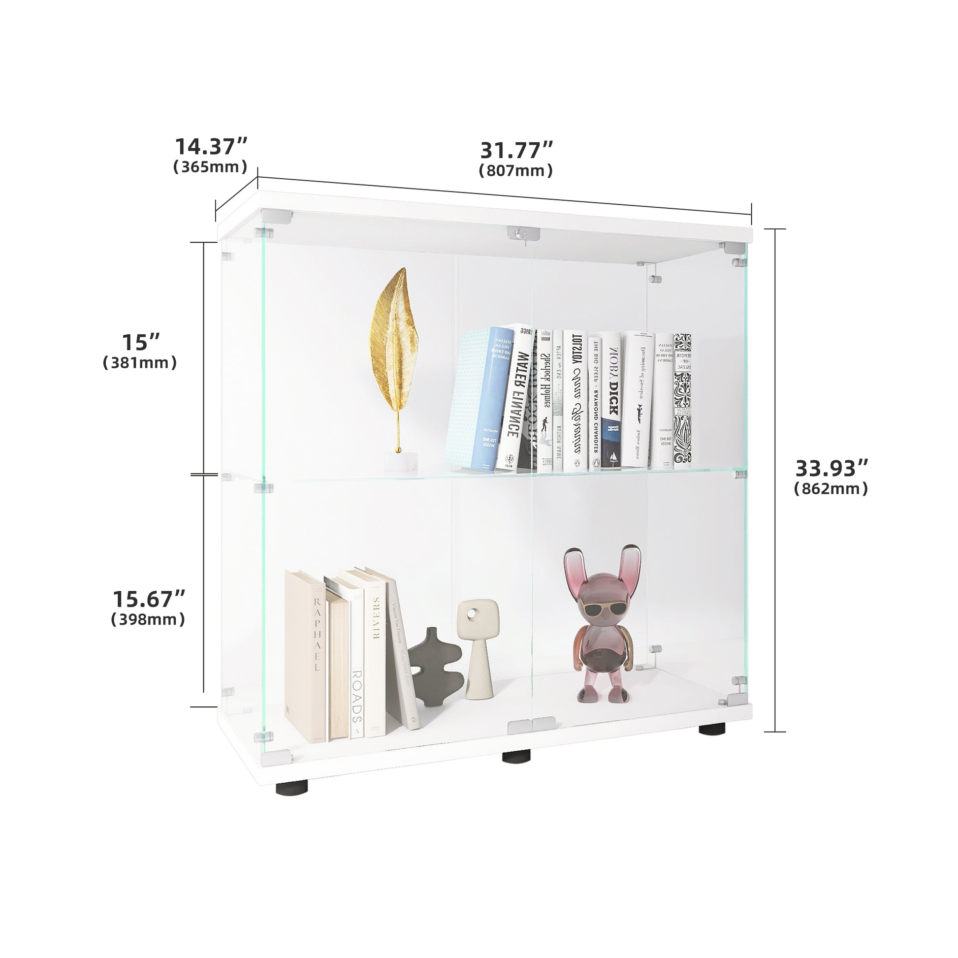 Two Door Glass Display Cabinet 2 Shelves With Door, Floor Standing Curio Bookshelf For Living Room Bedroom Office, 33.35"*31.69"*14.37",White White Glass