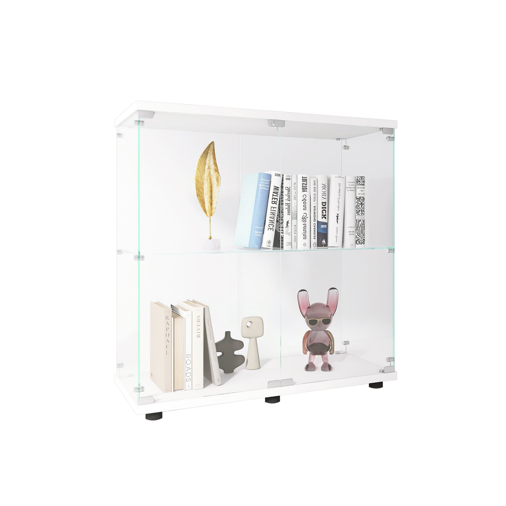 Two Door Glass Display Cabinet 2 Shelves With Door, Floor Standing Curio Bookshelf For Living Room Bedroom Office, 33.35"*31.69"*14.37",White White Glass