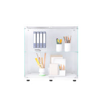 Two Door Glass Display Cabinet 2 Shelves With Door, Floor Standing Curio Bookshelf For Living Room Bedroom Office, 33.35"*31.69"*14.37",White White Glass