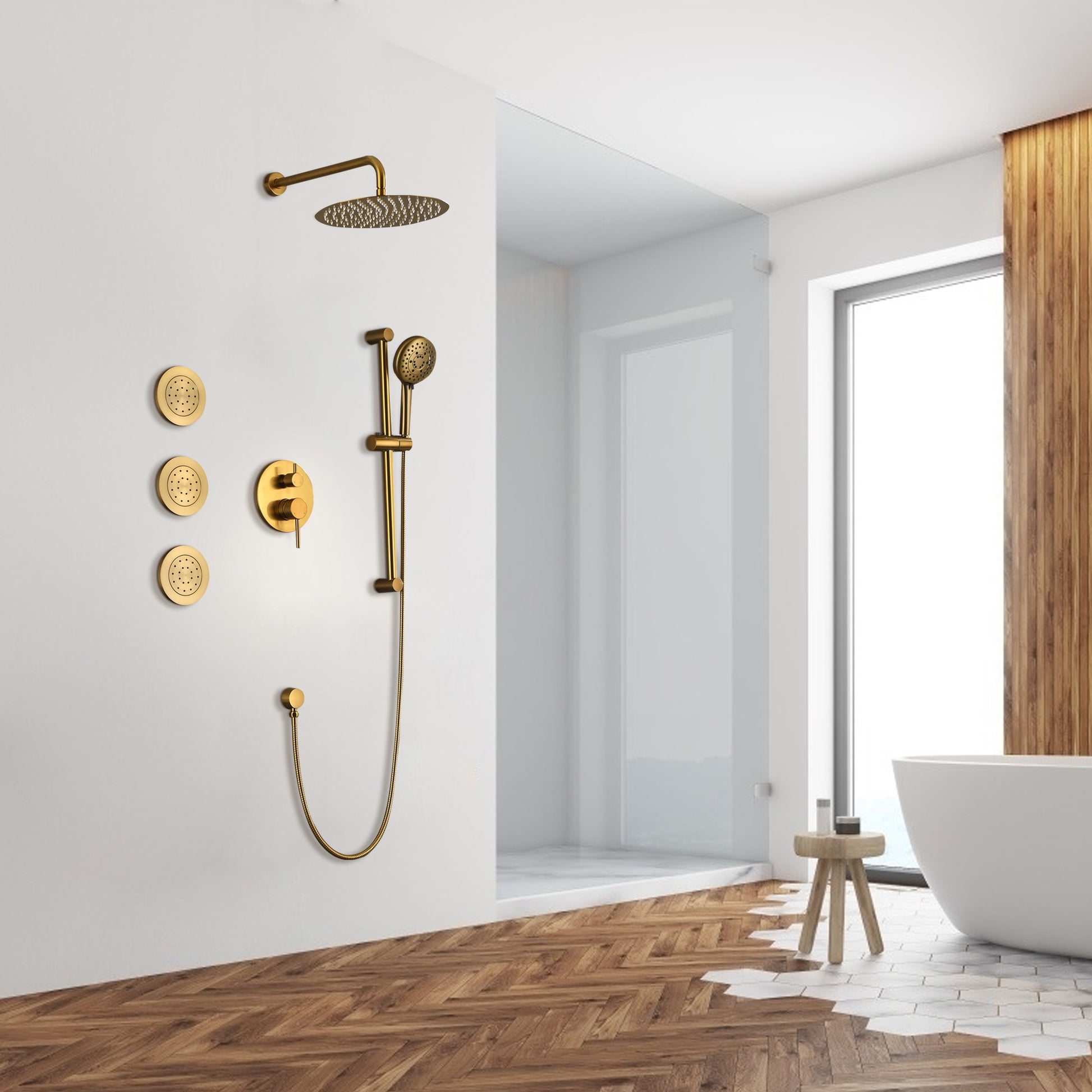 Shower System With Shower Head, Hand Shower, Slide Bar, Bodysprays, Shower Arm, Hose, Valve Trim, And Lever Handles Gold Brass
