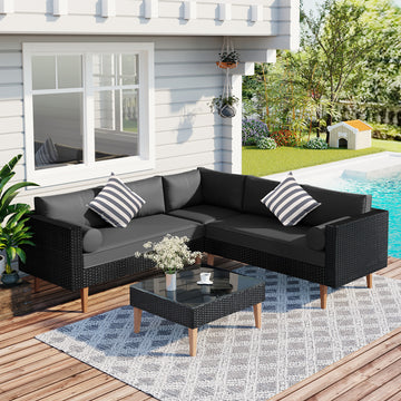 4 Pieces Outdoor Wicker Sofa Set, Patio Furniture With Colorful Pillows, L Shape Sofa Set, Gray Cushions And Black Rattan Yes Black Gray Wicker