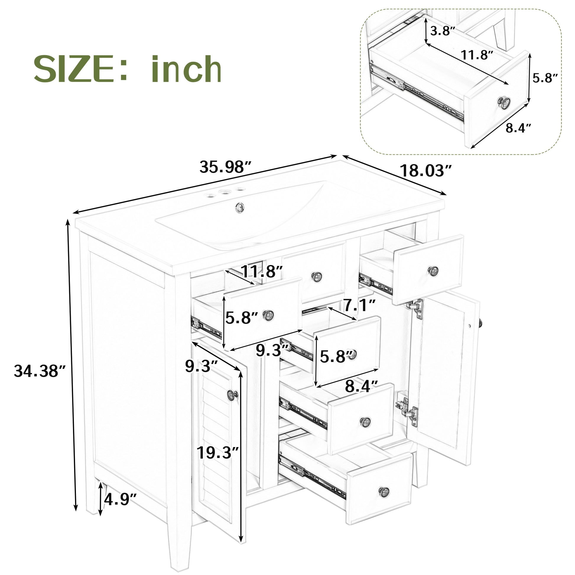 36" Bathroom Vanity With Ceramic Basin, Two Cabinets And Five Drawers, Solid Wood Frame, Grey Old Sku: Sy999202Aae 1 Grey Solid Wood Mdf