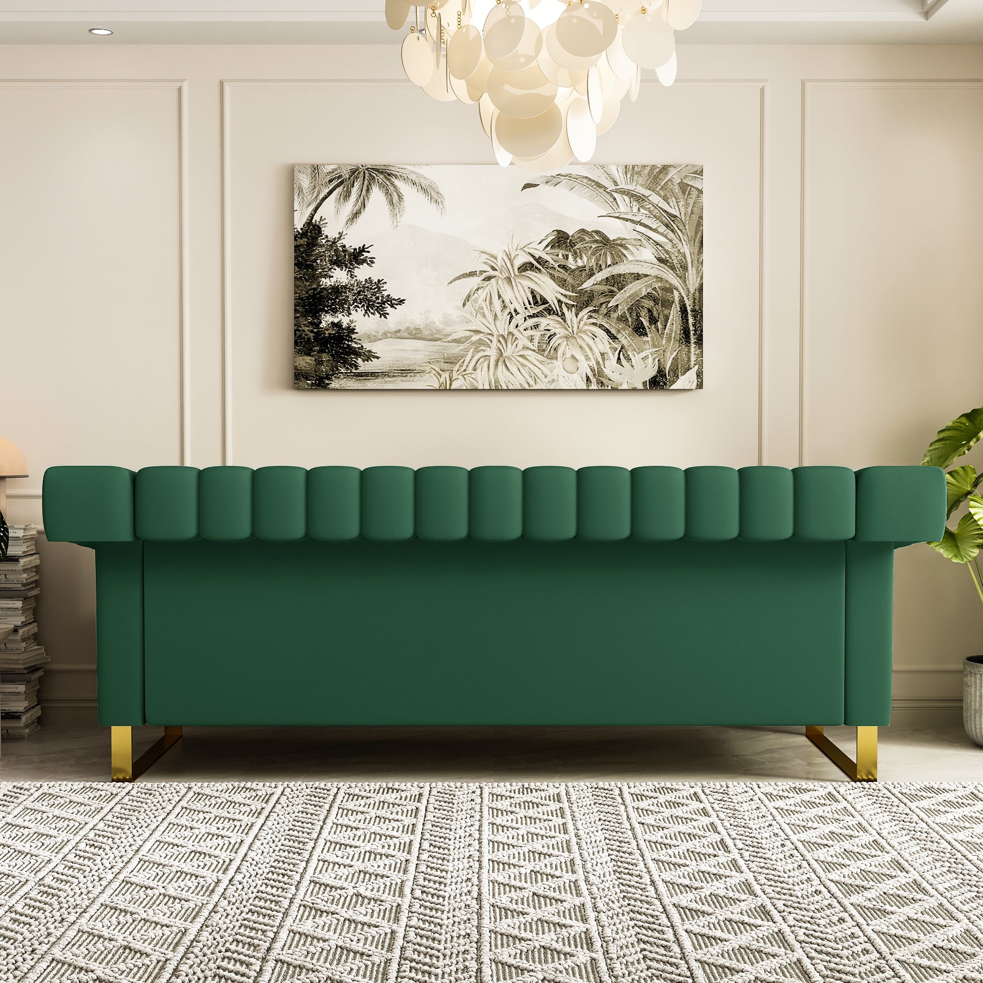 Fx P81Pu Gr Sofa Modern Green Pu Sofa With Gold Accents Sleek Channel Tufted Upholstery, 3 Seat Couch For Living Room And Office Decor Temu Suitable Retro Green Pu 2 Seat