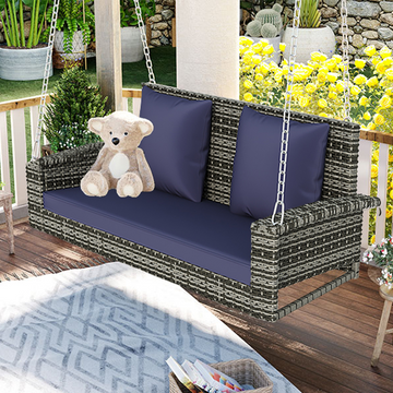 2 Person Wicker Hanging Porch Swing With Chains, Cushion, Pillow, Rattan Swing Bench For Garden, Backyard, Pond. Gray Wicker, Blue Cushion Blue Gray Wicker