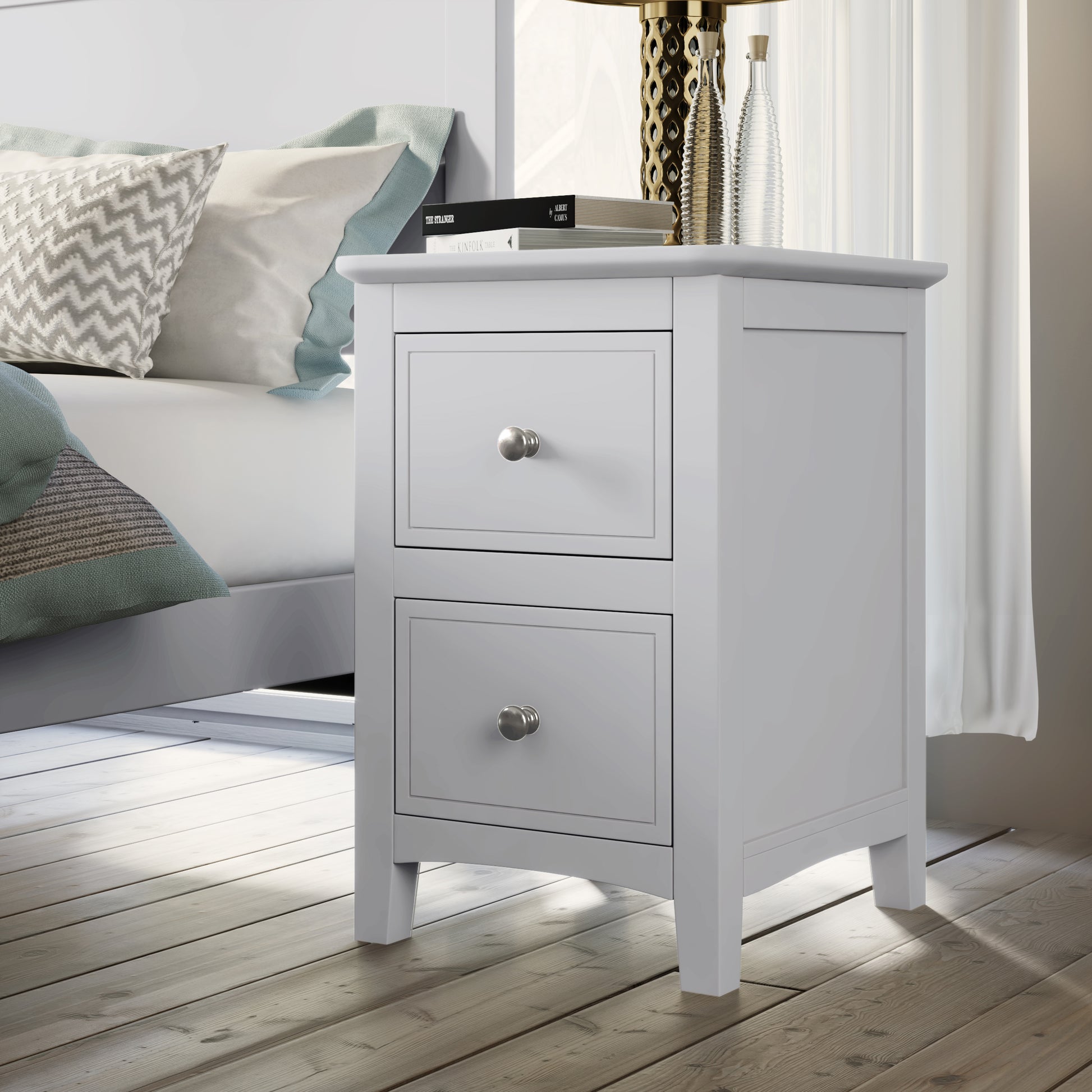 2 Drawers Solid Wood Nightstand End Table In White White Solid Wood