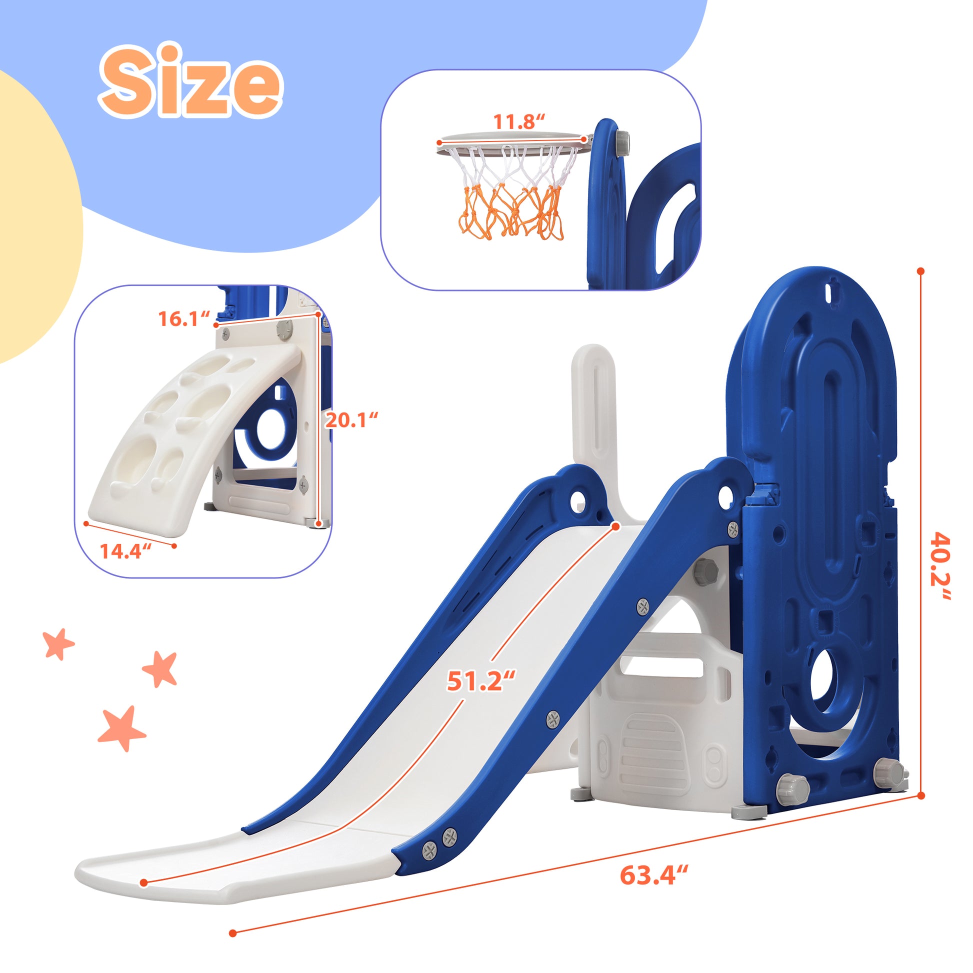 Toddler Climber And Slide Set 4 In 1, Kids Playground Climber Freestanding Slide Playset With Basketball Hoop Play Combination For Babies Indoor & Outdoor Blue Hdpe