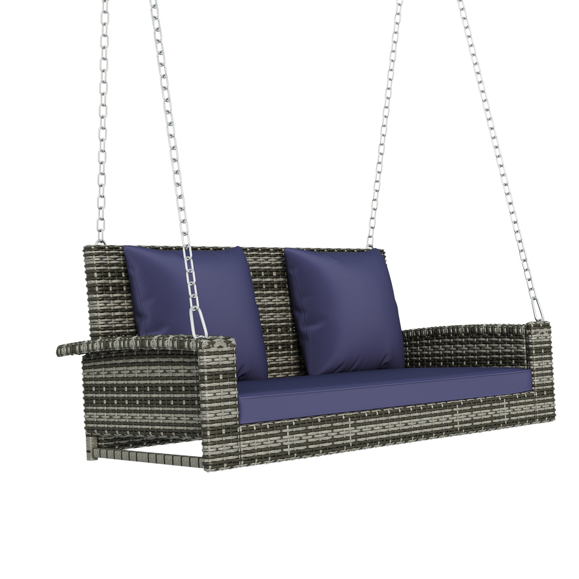 2 Person Wicker Hanging Porch Swing With Chains, Cushion, Pillow, Rattan Swing Bench For Garden, Backyard, Pond. Gray Wicker, Blue Cushion Blue Gray Wicker