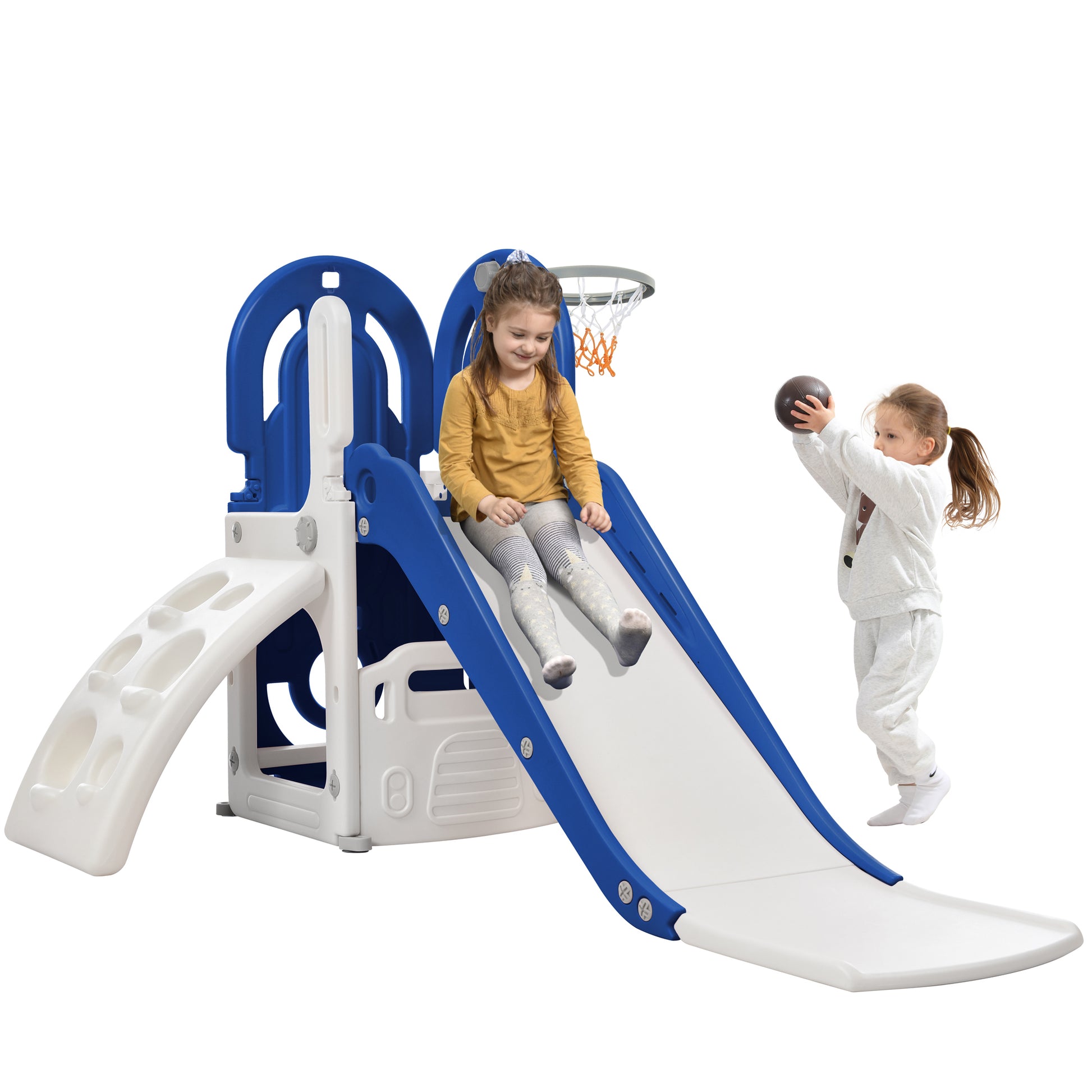 Toddler Climber And Slide Set 4 In 1, Kids Playground Climber Freestanding Slide Playset With Basketball Hoop Play Combination For Babies Indoor & Outdoor Blue Hdpe