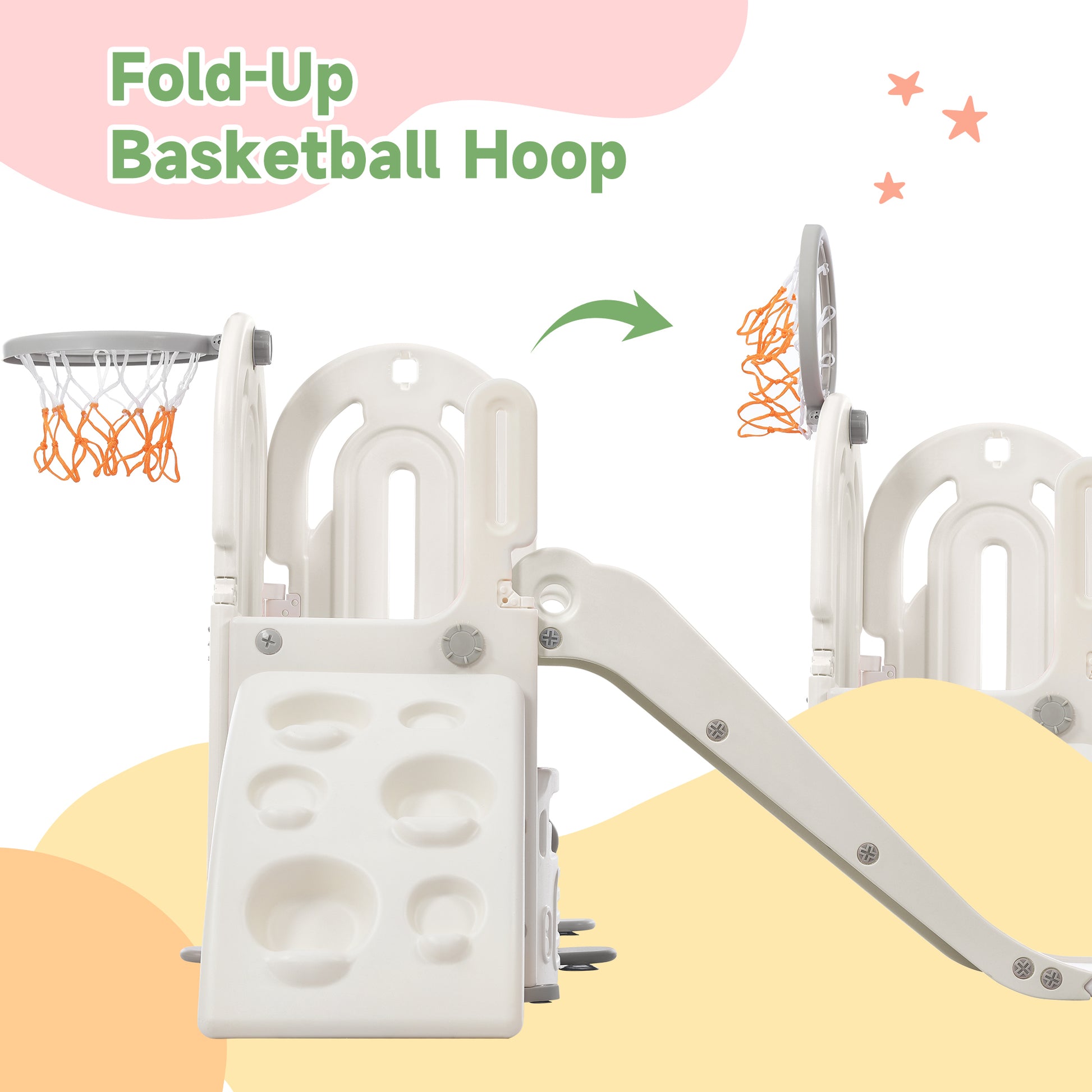 Toddler Climber And Slide Set 4 In 1, Kids Playground Climber Freestanding Slide Playset With Basketball Hoop Play Combination For Babies Indoor & Outdoor Gray Hdpe