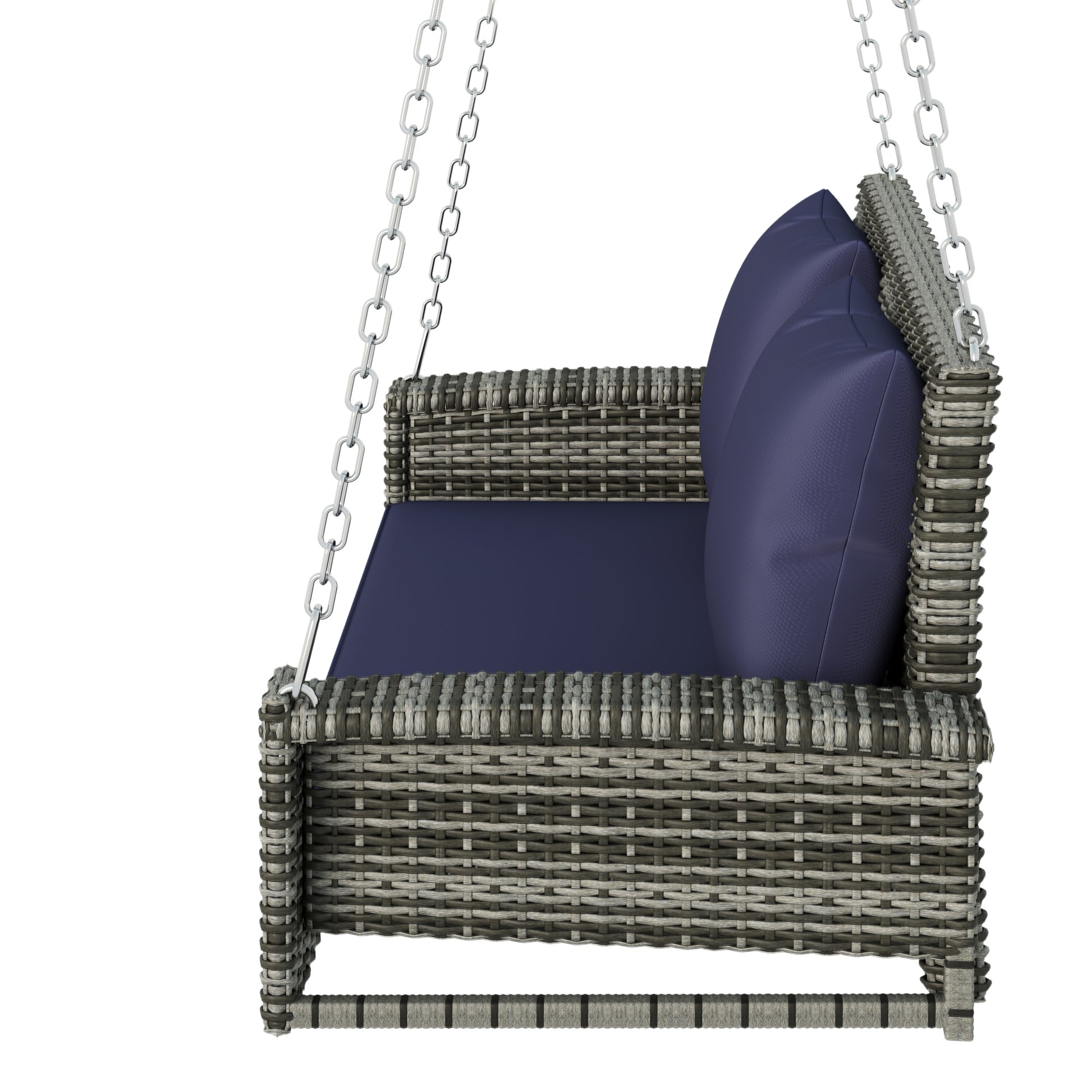 2 Person Wicker Hanging Porch Swing With Chains, Cushion, Pillow, Rattan Swing Bench For Garden, Backyard, Pond. Gray Wicker, Blue Cushion Blue Gray Wicker