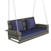 2 Person Wicker Hanging Porch Swing With Chains, Cushion, Pillow, Rattan Swing Bench For Garden, Backyard, Pond. Gray Wicker, Blue Cushion Blue Gray Wicker