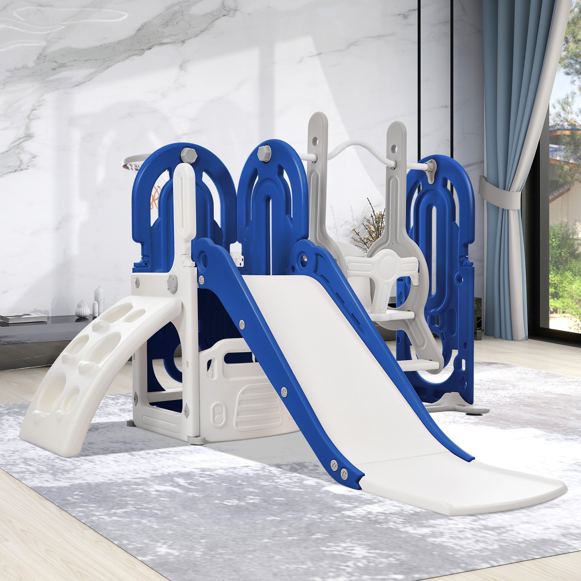 Toddler Slide And Swing Set 5 In 1, Kids Playground Climber Slide Playset With Basketball Hoop Freestanding Combination For Babies Indoor & Outdoor Blue Hdpe