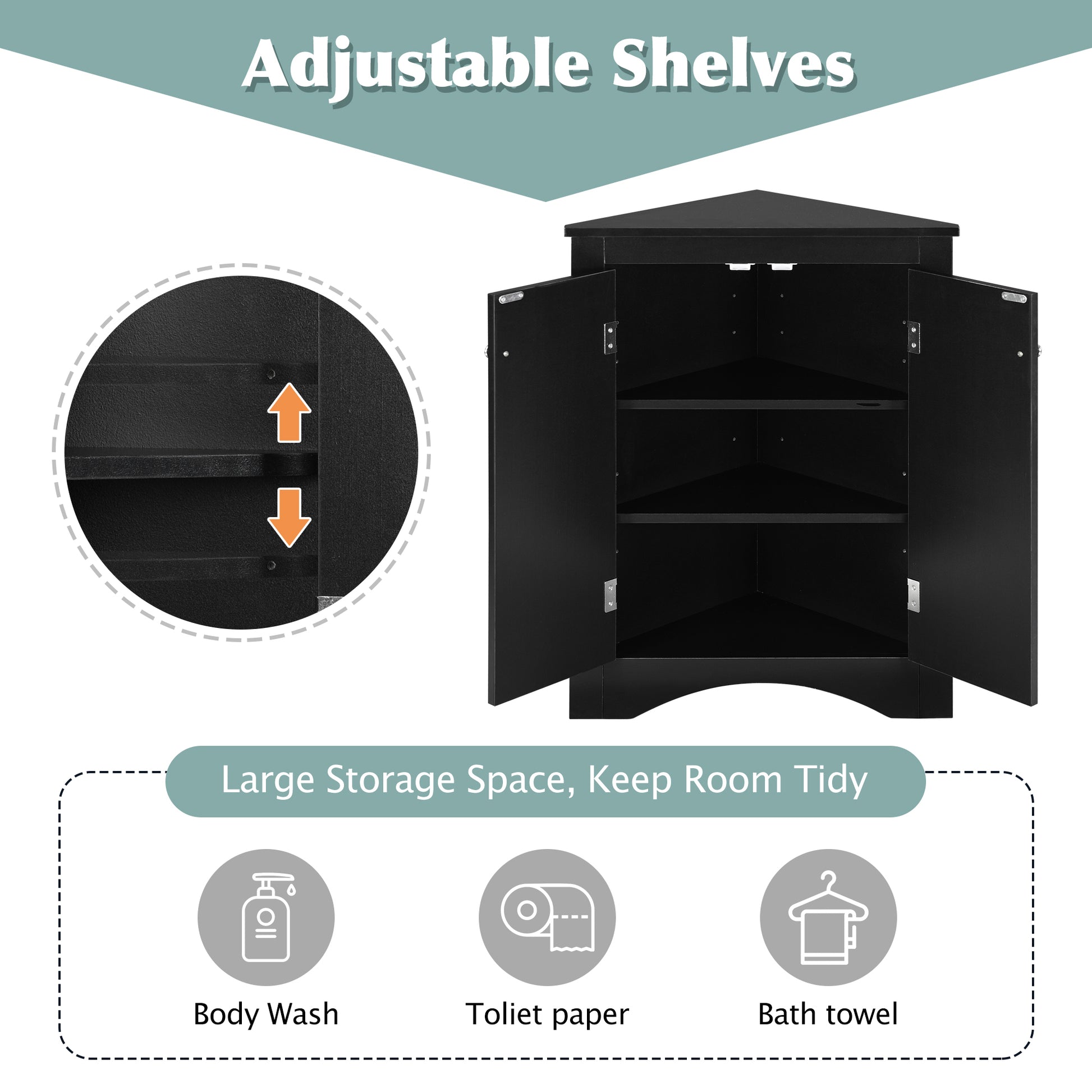 Black Triangle Bathroom Storage Cabinet With Adjustable Shelves, Freestanding Floor Cabinet For Home Kitchen Black Mdf