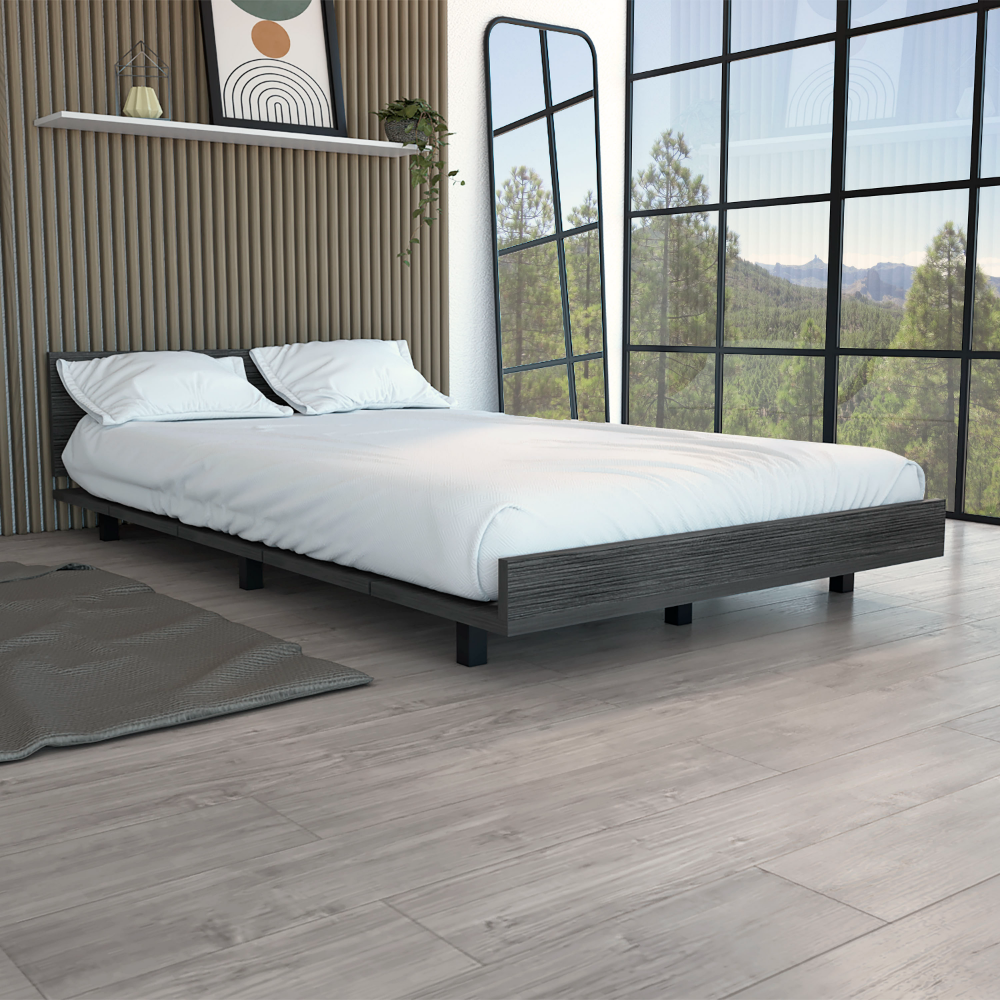 Kaia Twin Bed Base, Headboard Smokey Oak Twin Gray Composite Bedroom Modern Bed Frame Particle Board Particle Board